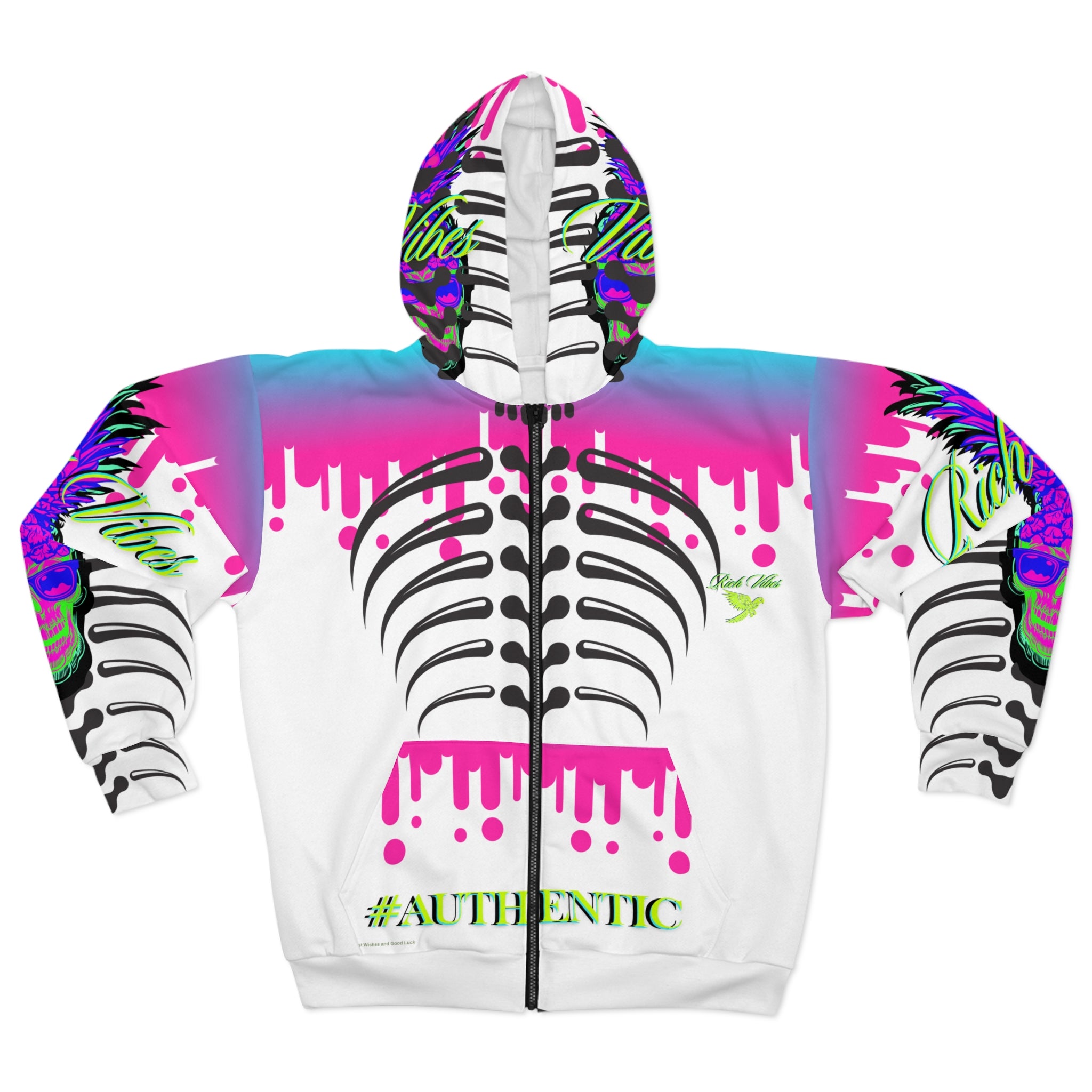 Rich Vibes Authentic Purple Skull Black Skeleton - Unisex Zip Hoodie (AOP) White
