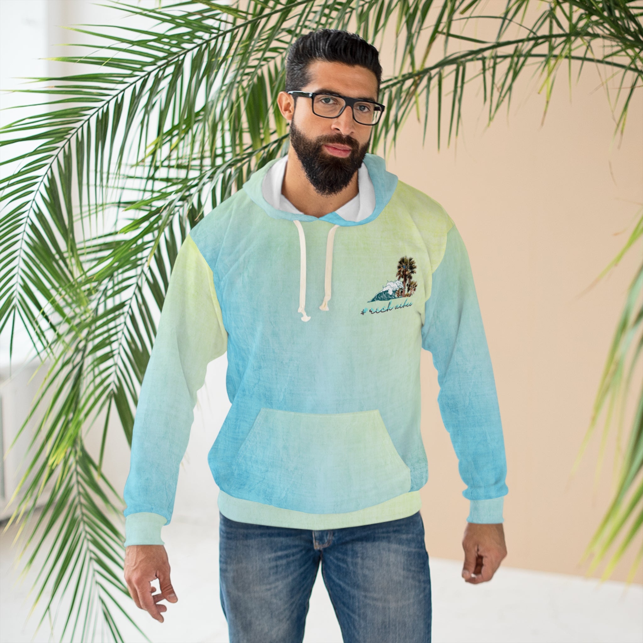 Rich Vibes Blueberry Lemonade Water Wave Palm Trees - Unisex Pullover Hoodie (AOP)
