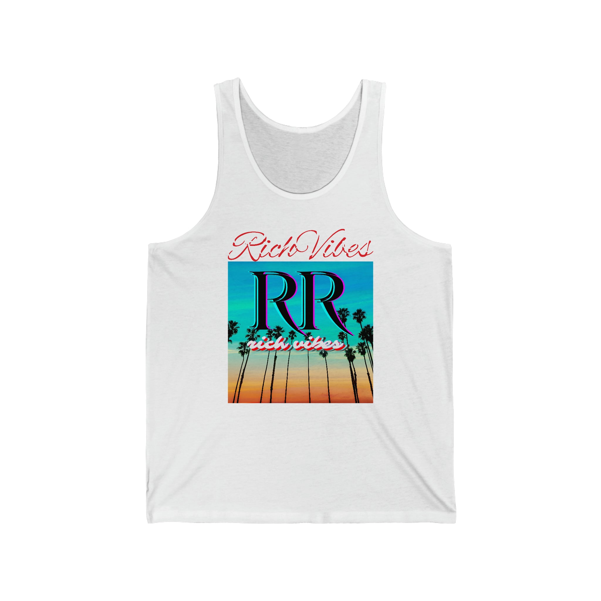 Rich Vibes RR Multi Colored Beach Sunset Drip White - Unisex Jersey Tank