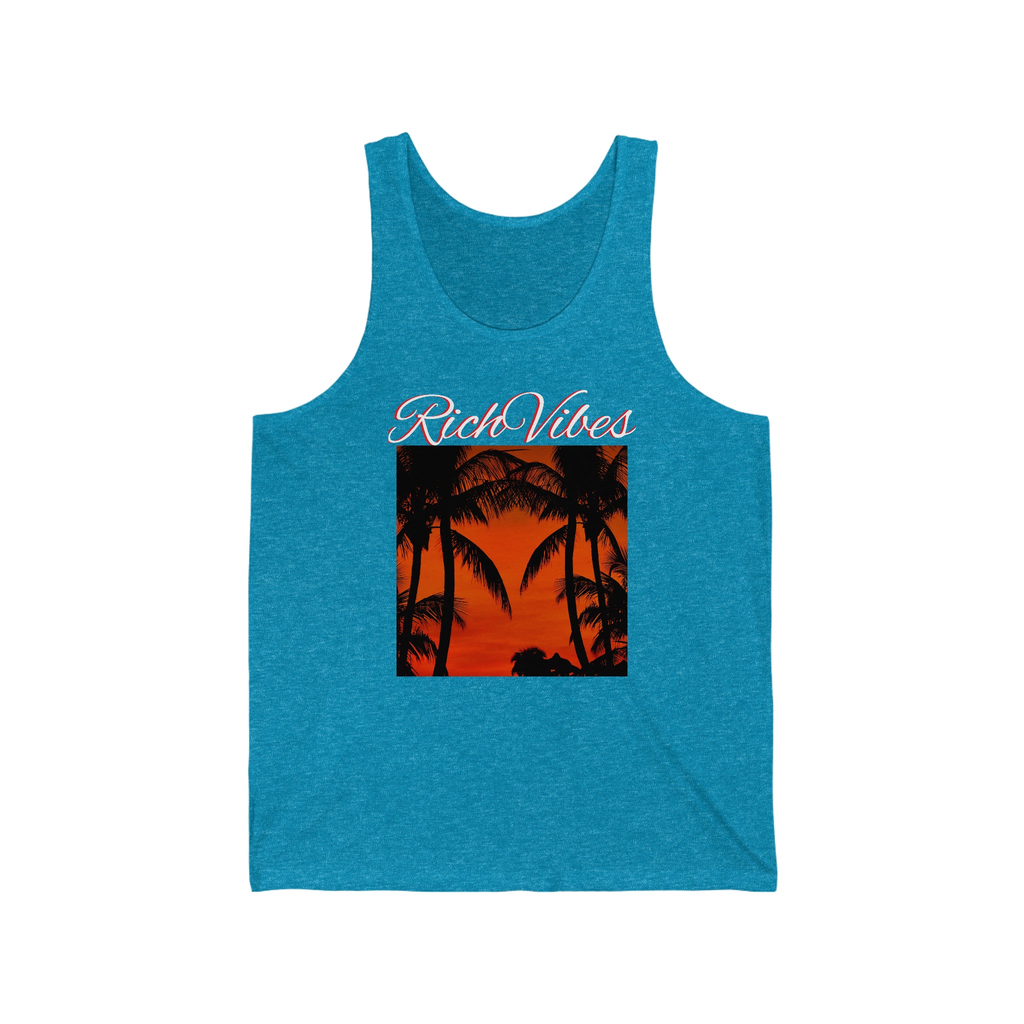 Rich Vibes Red Sunset Palm Trees Silhouette 1.5 - Unisex Jersey Tank