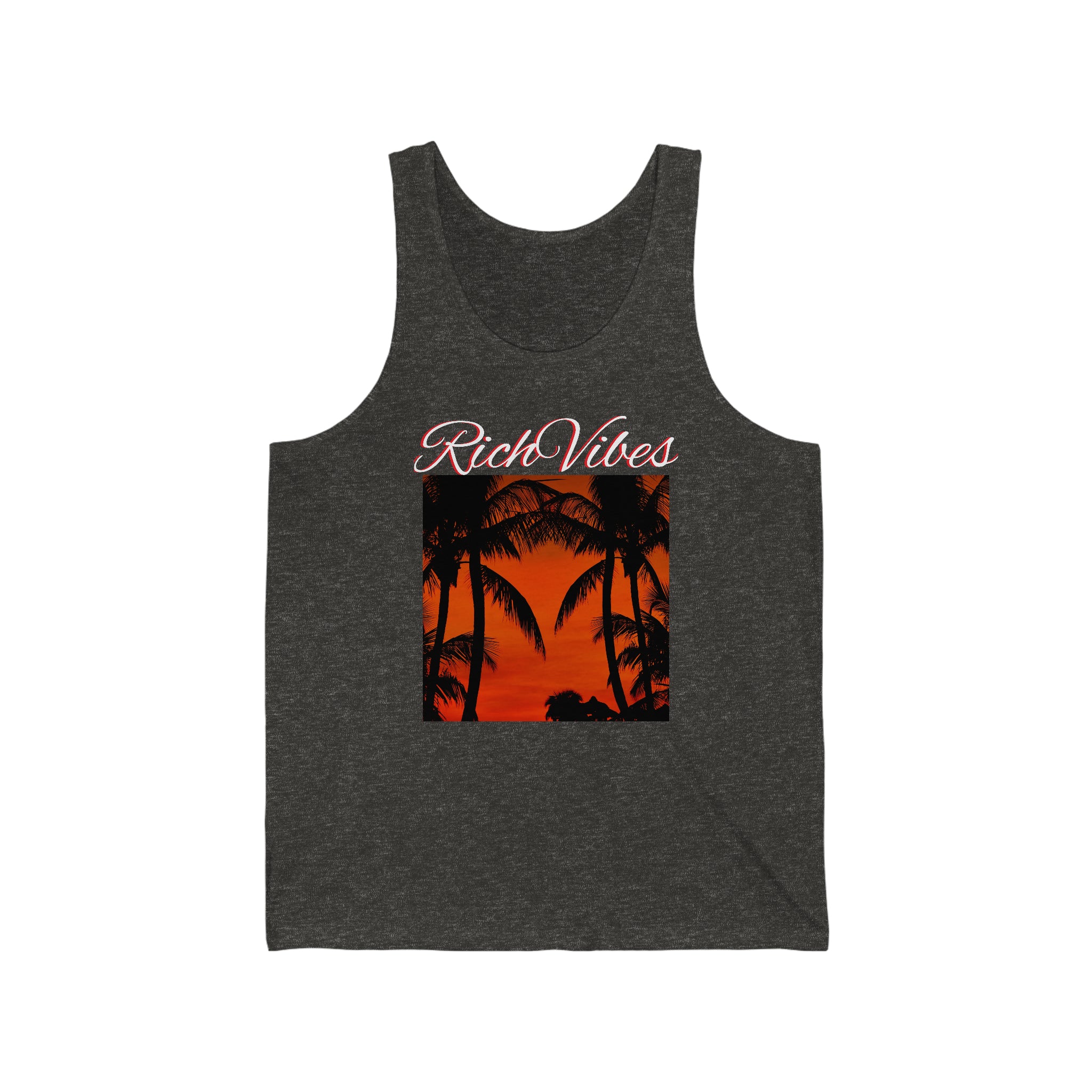Rich Vibes Red Sunset Palm Trees Silhouette 1.5 - Unisex Jersey Tank