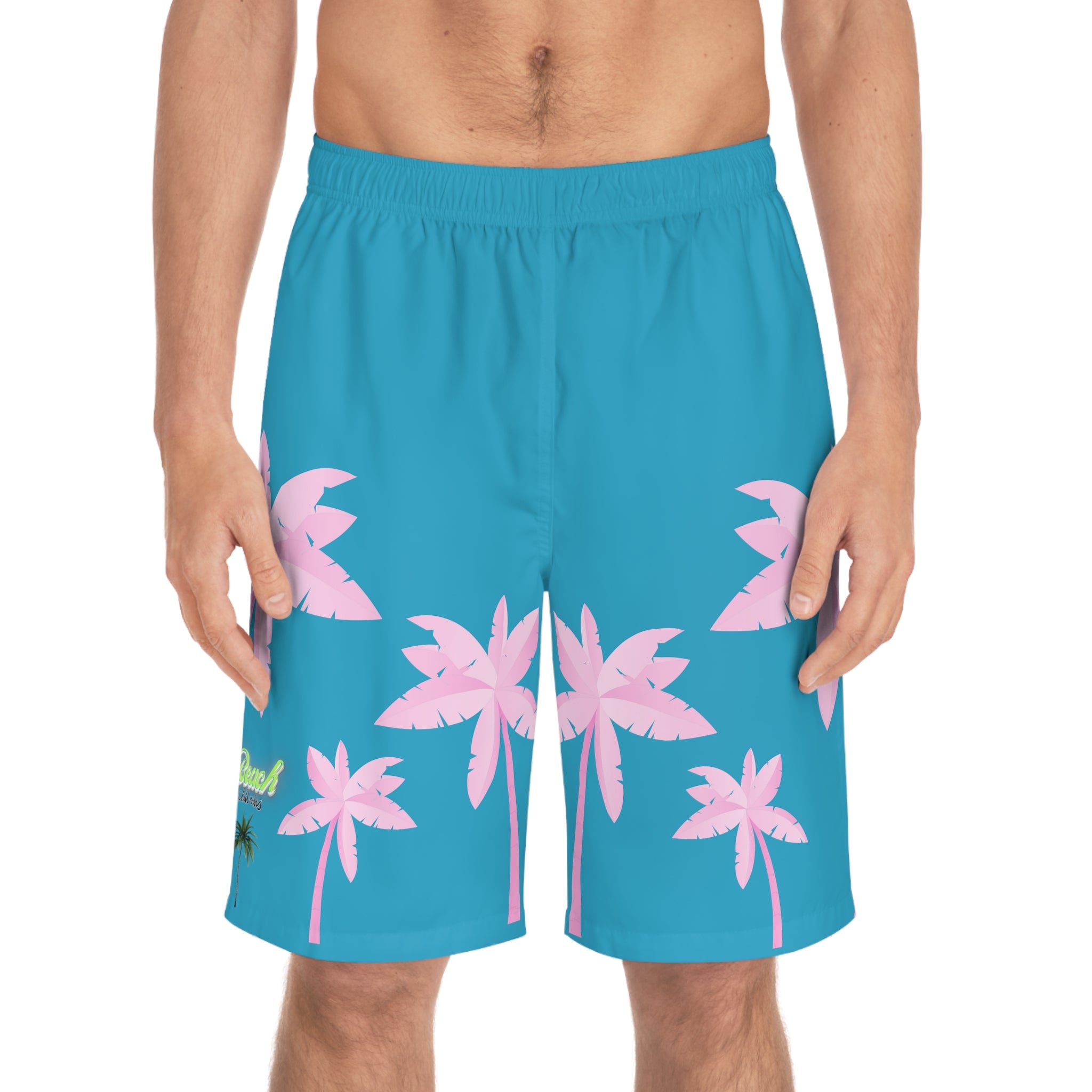 Rich Vibes Turquoise Tropical Pink Palm Tree Beach Chill Vibes 1.2 - Men's Board Shorts (AOP)
