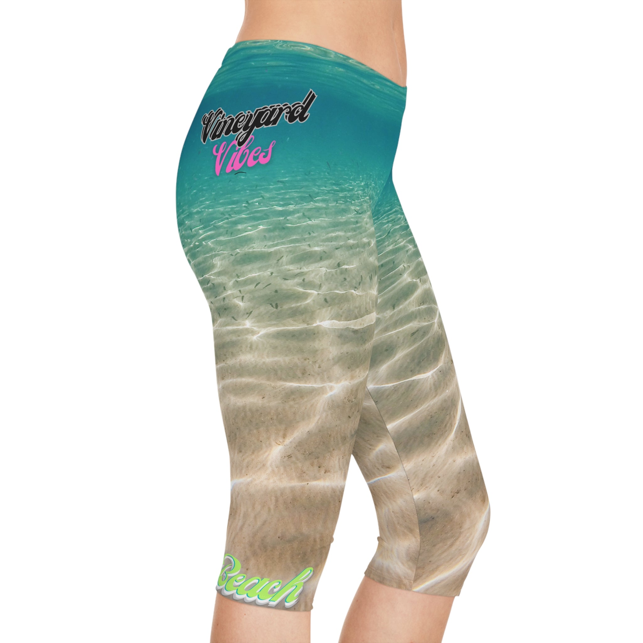 Vineyard VV Aqua Print Beach Vibes 3.0 - Women's Capri Leggings (AOP)