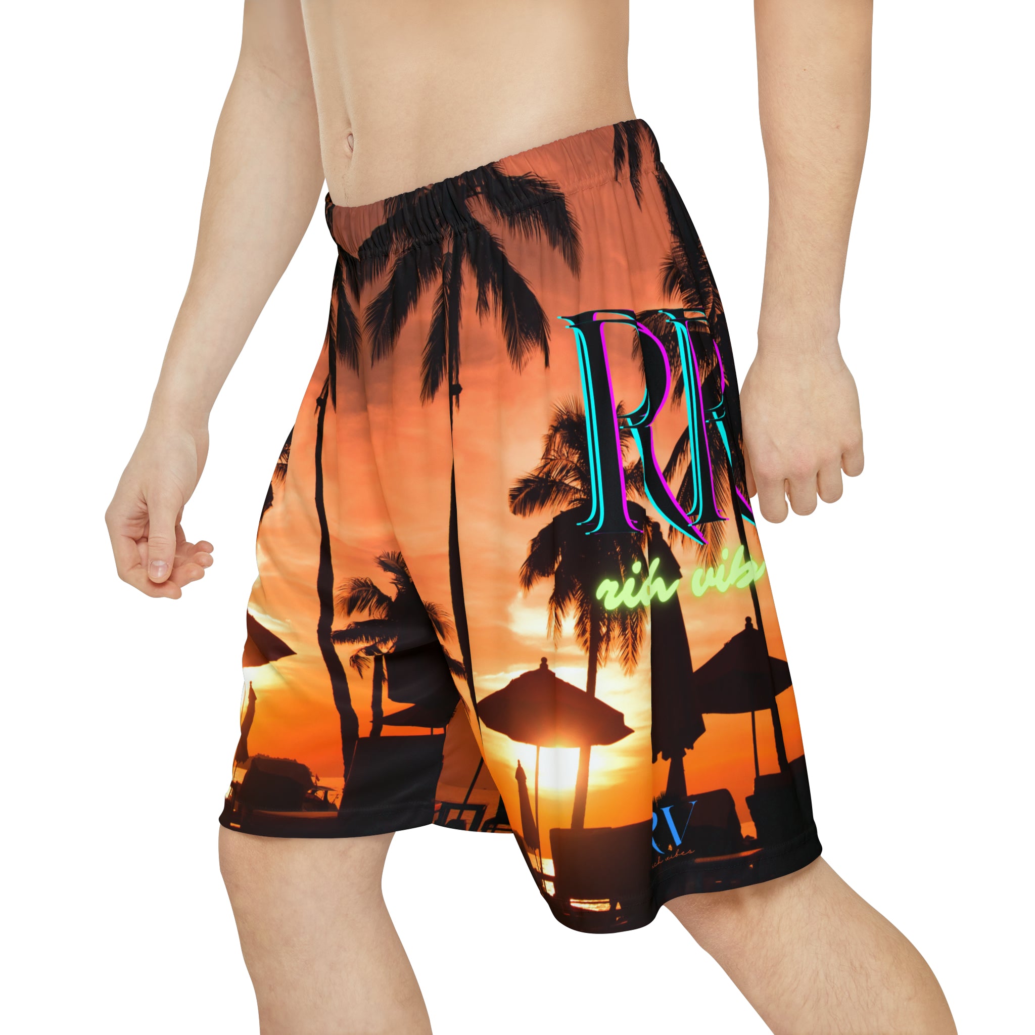 Rich Vibes RR Red Sunset RV Palm Tree Silhouette 1.0 - Men’s Sports Shorts (AOP) Red