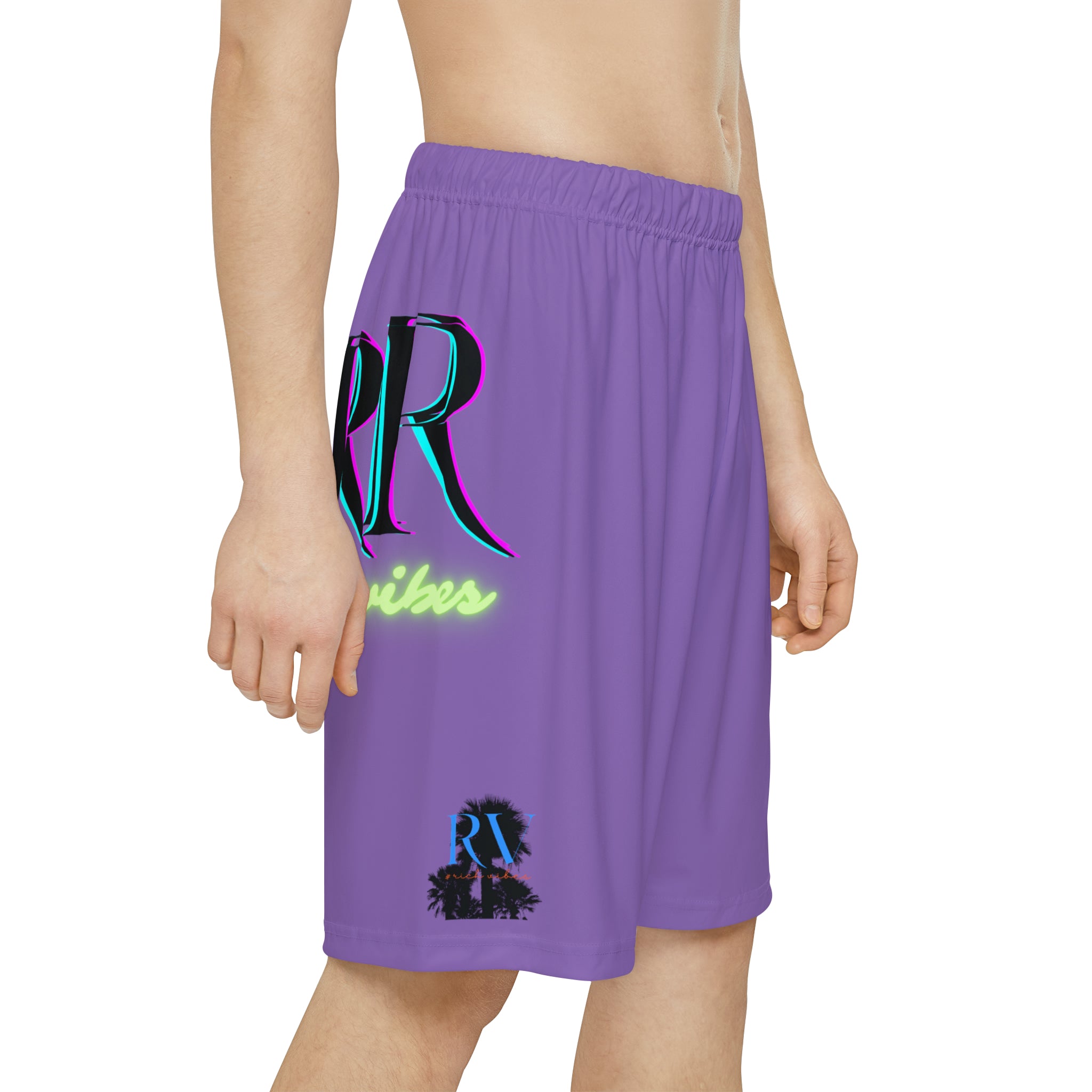 Rich Vibes RR RV Palm Tree Silhouette - Men’s Sports Shorts (AOP) Light Purple