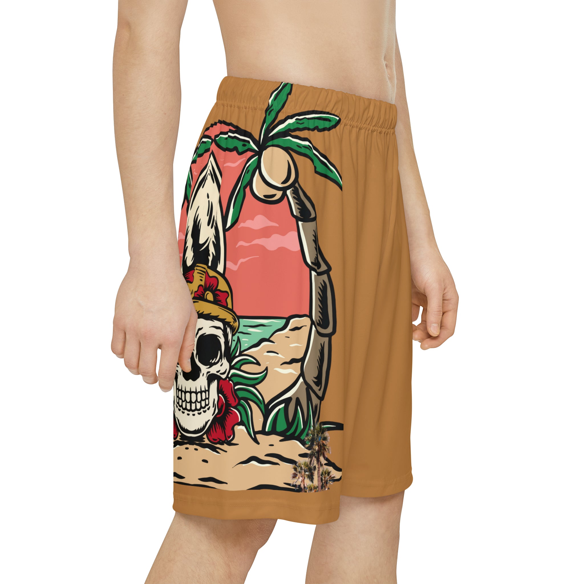 Rich Drip Beach Army Skull - RV Palm Tree Silhouette Men’s Sports Shorts (AOP) Caramel