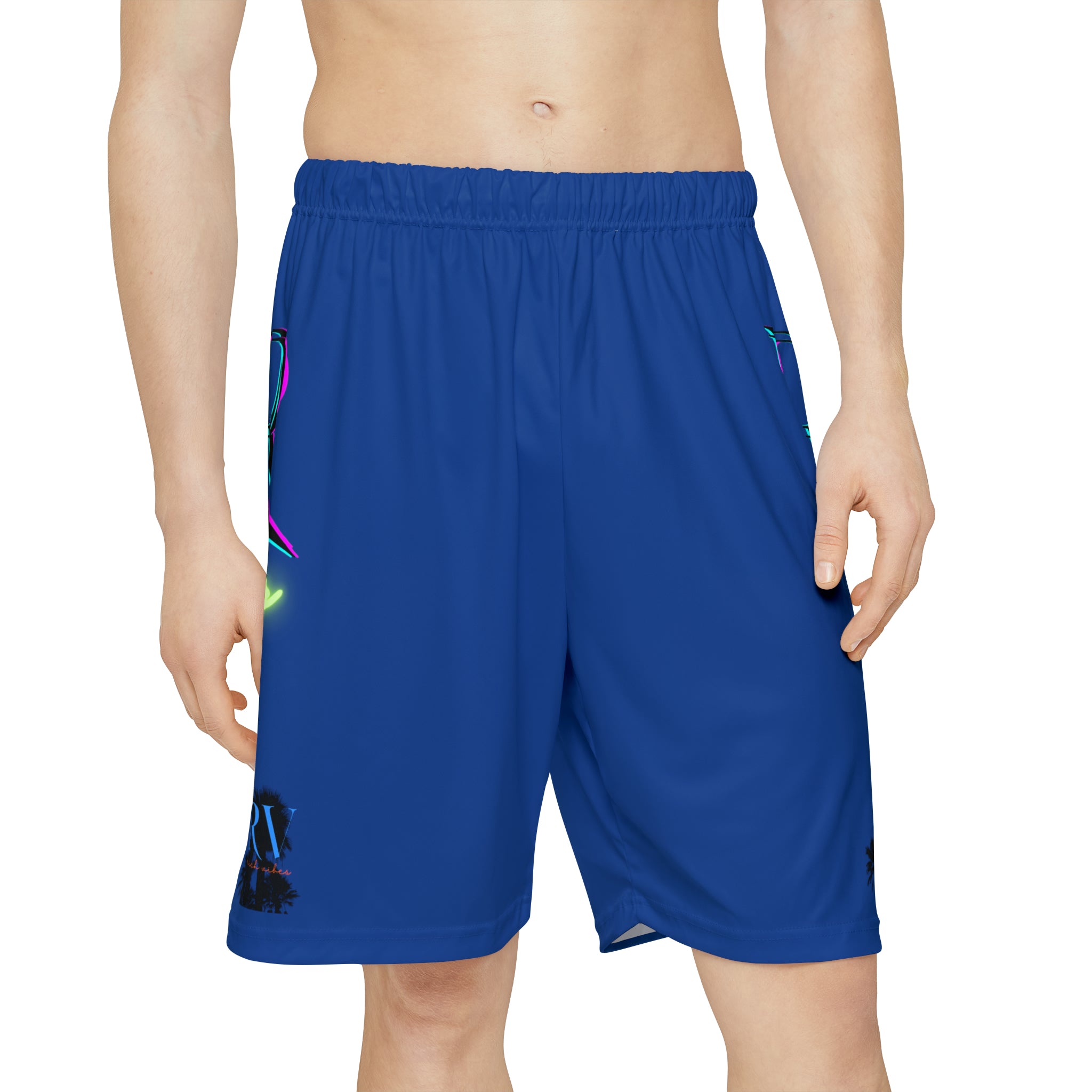 Rich Vibes RR RV Palm Tree Silhouette - Men’s Sports Shorts (AOP) Royal Blue