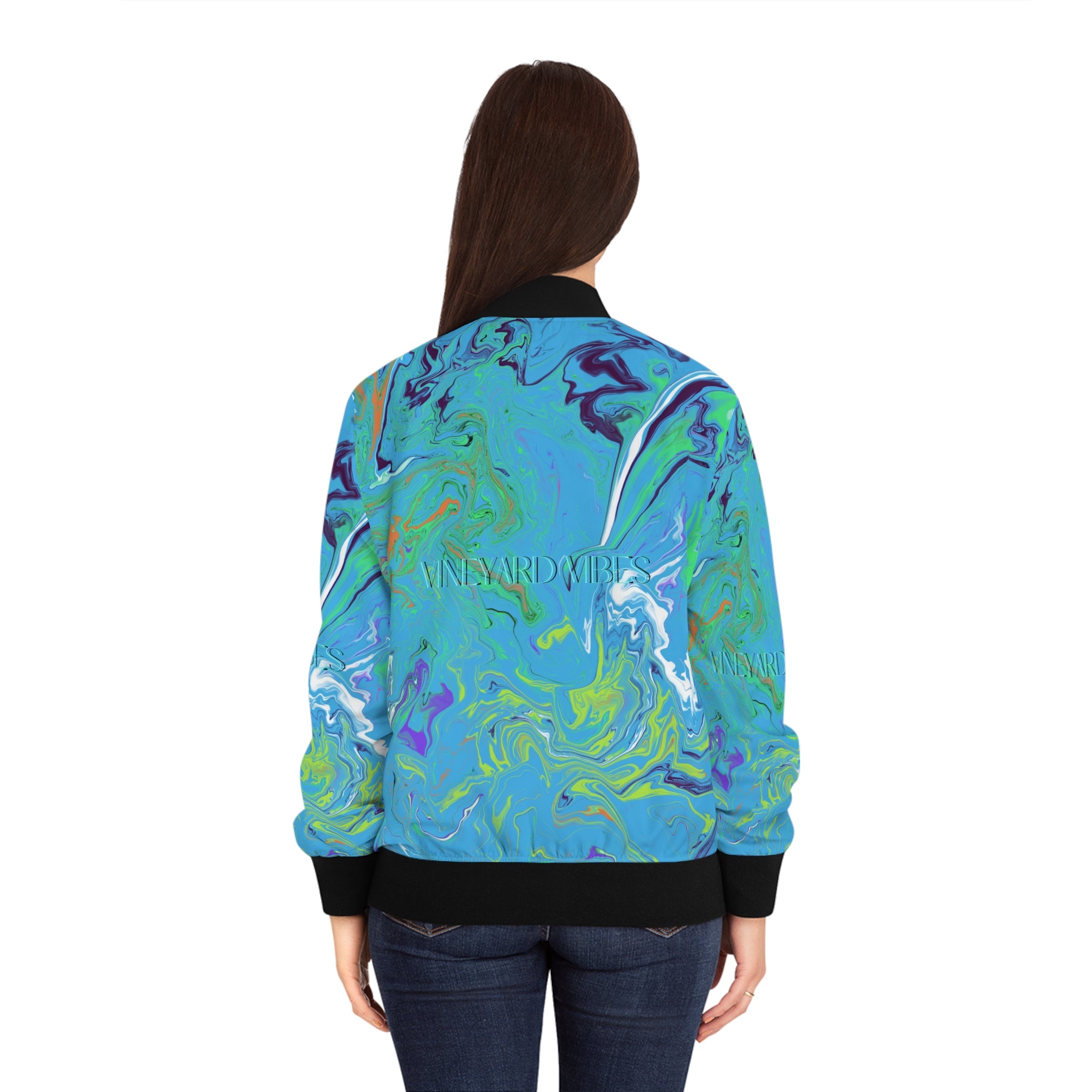 Vineyard Vibes Blue Water Color Paint - Women's Black Bomber Jacket (AOP)
