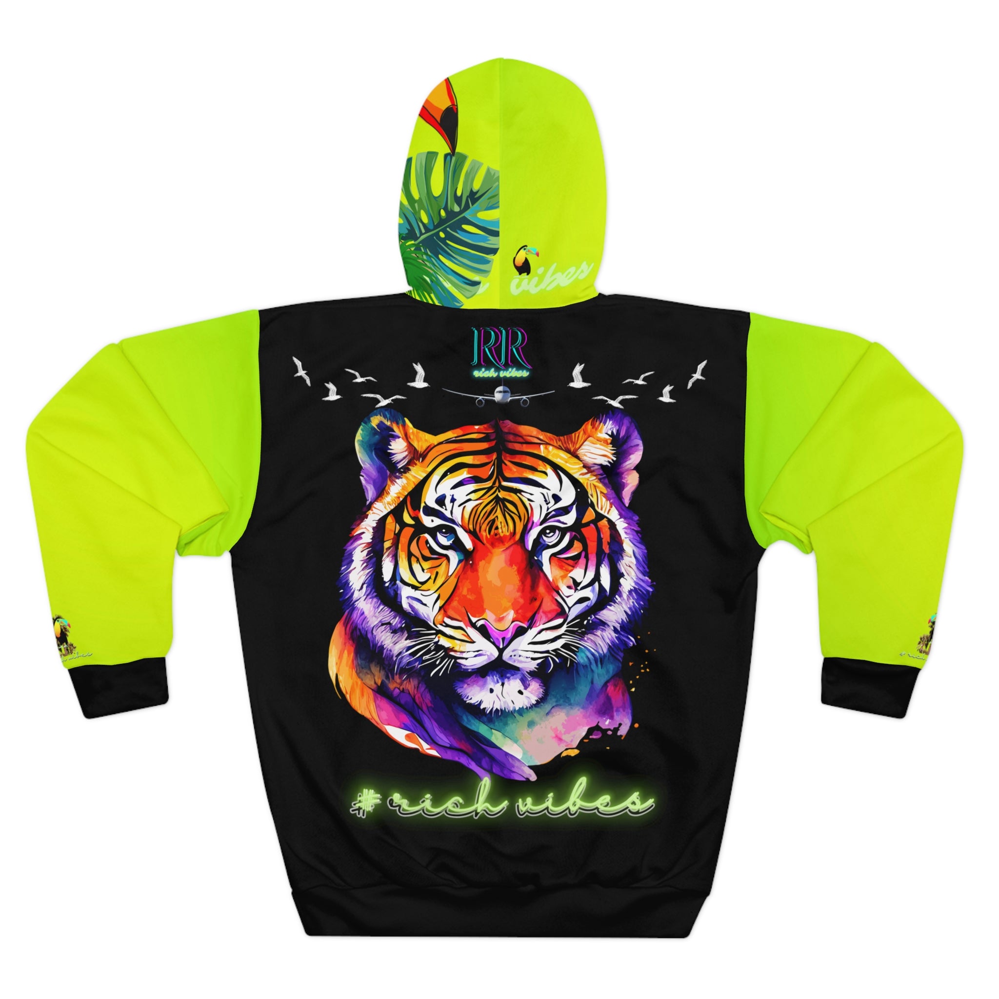 Rich Vibes Lime Green Volt RR Tropical Jungle Tiger 1.3 - Unisex Pullover Hoodie (AOP)