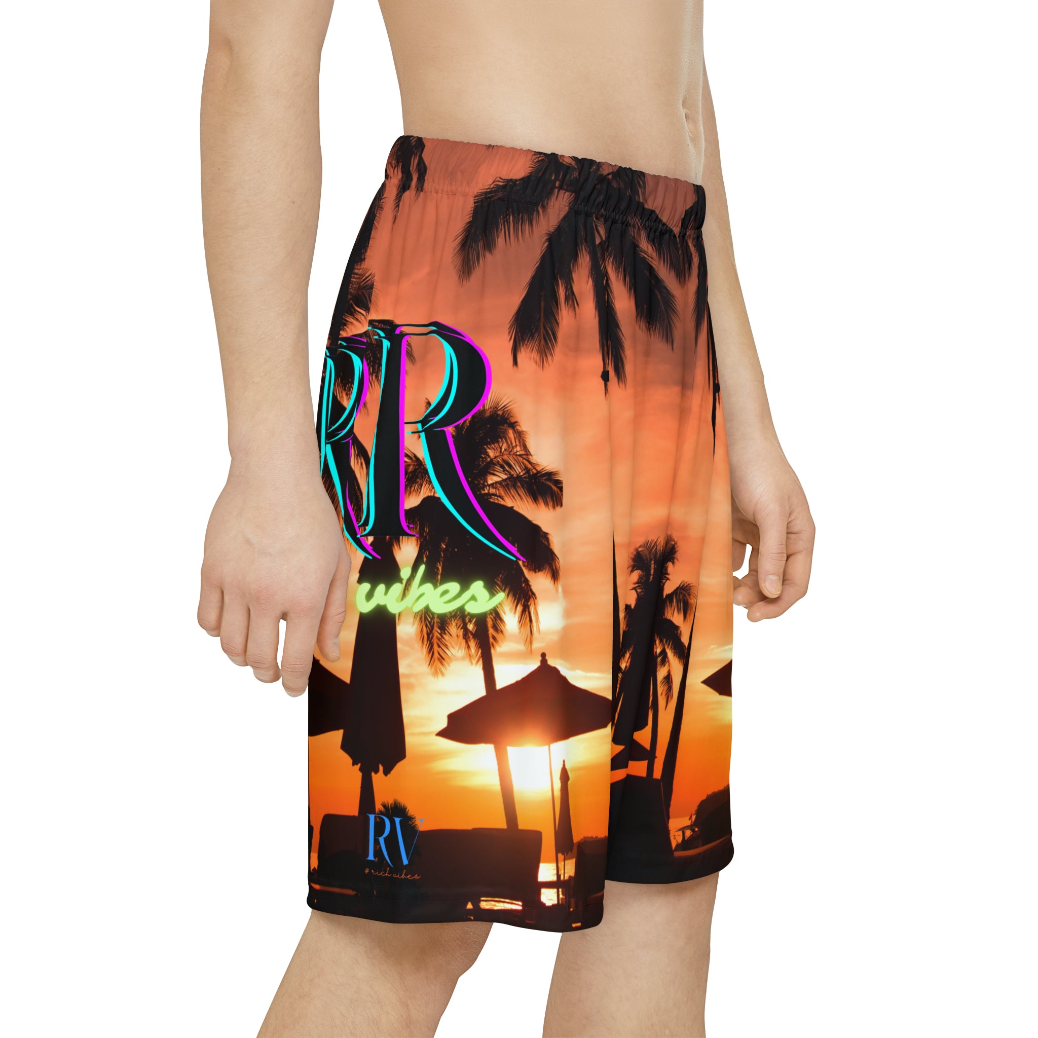 Rich Vibes RR Red Sunset RV Palm Tree Silhouette 1.0 - Men’s Sports Shorts (AOP) Red