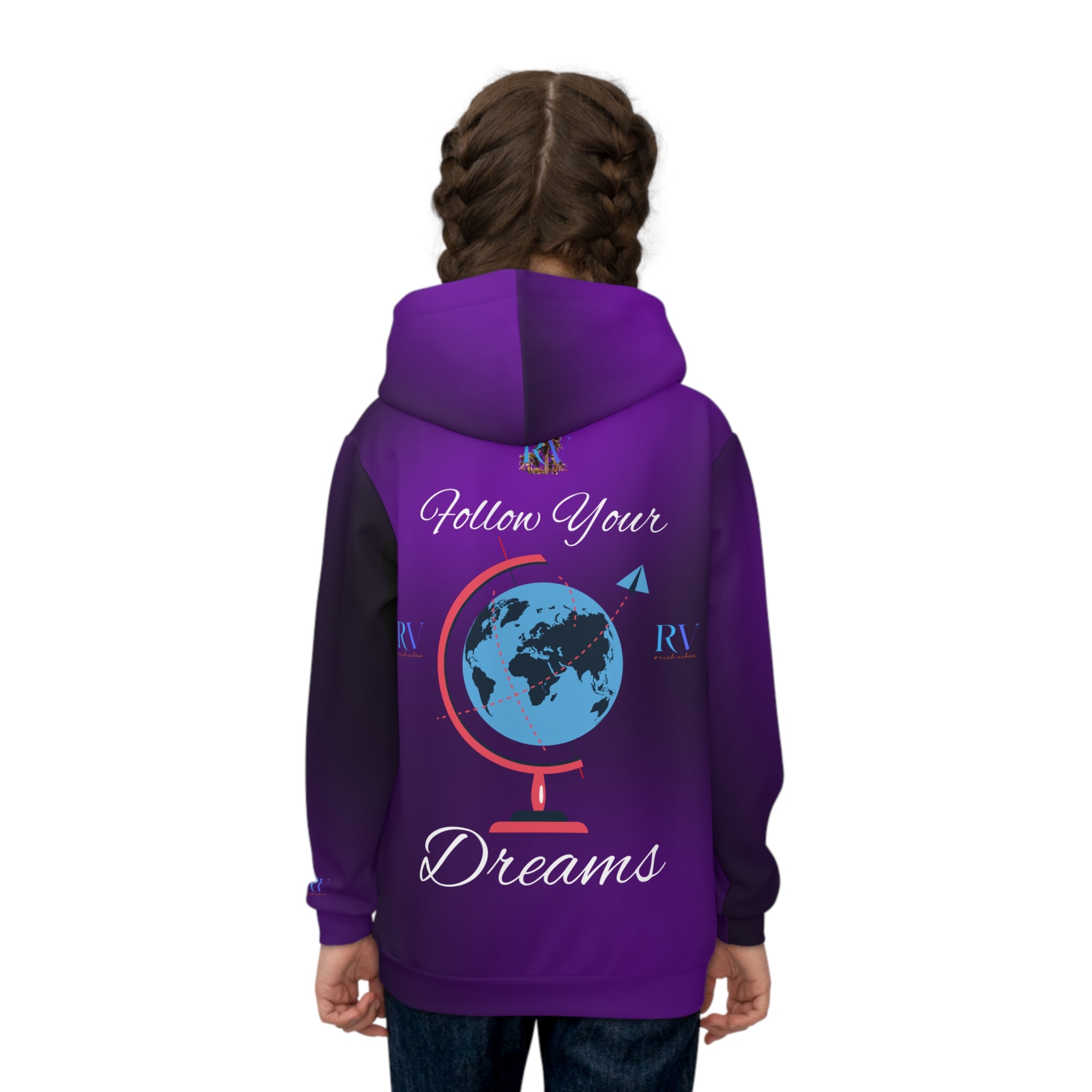 Rich Vibes Follow Your Dreams Royal Purple RV Color Palm Tree Black 3 -  Children's Hoodie (AOP)