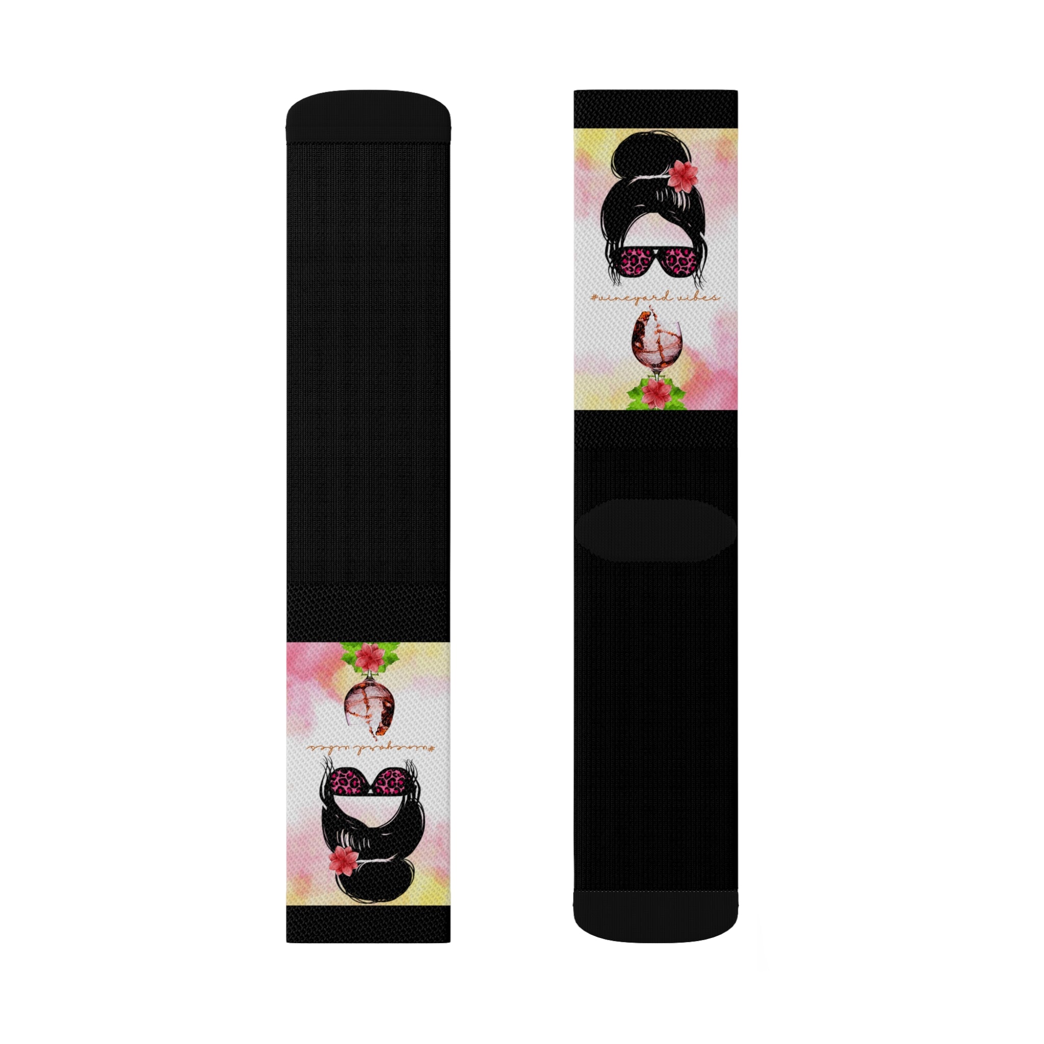 Vineyard Vibes Pink Water Colors Black - Sublimation Socks