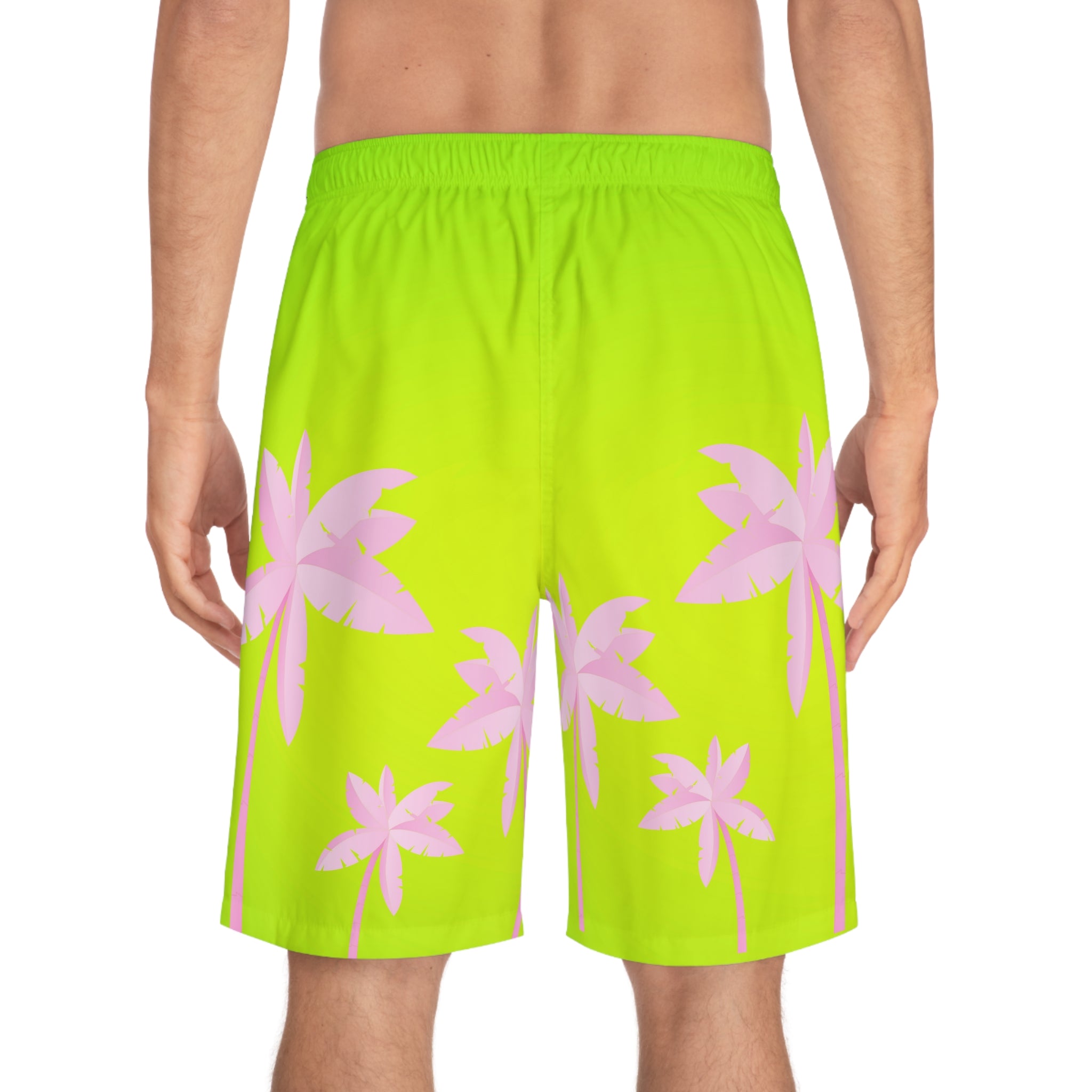Rich Vibes Lime Green Tropical Pink Palm Tree Beach Chill Vibes 1.5 - Men's Board Shorts (AOP)