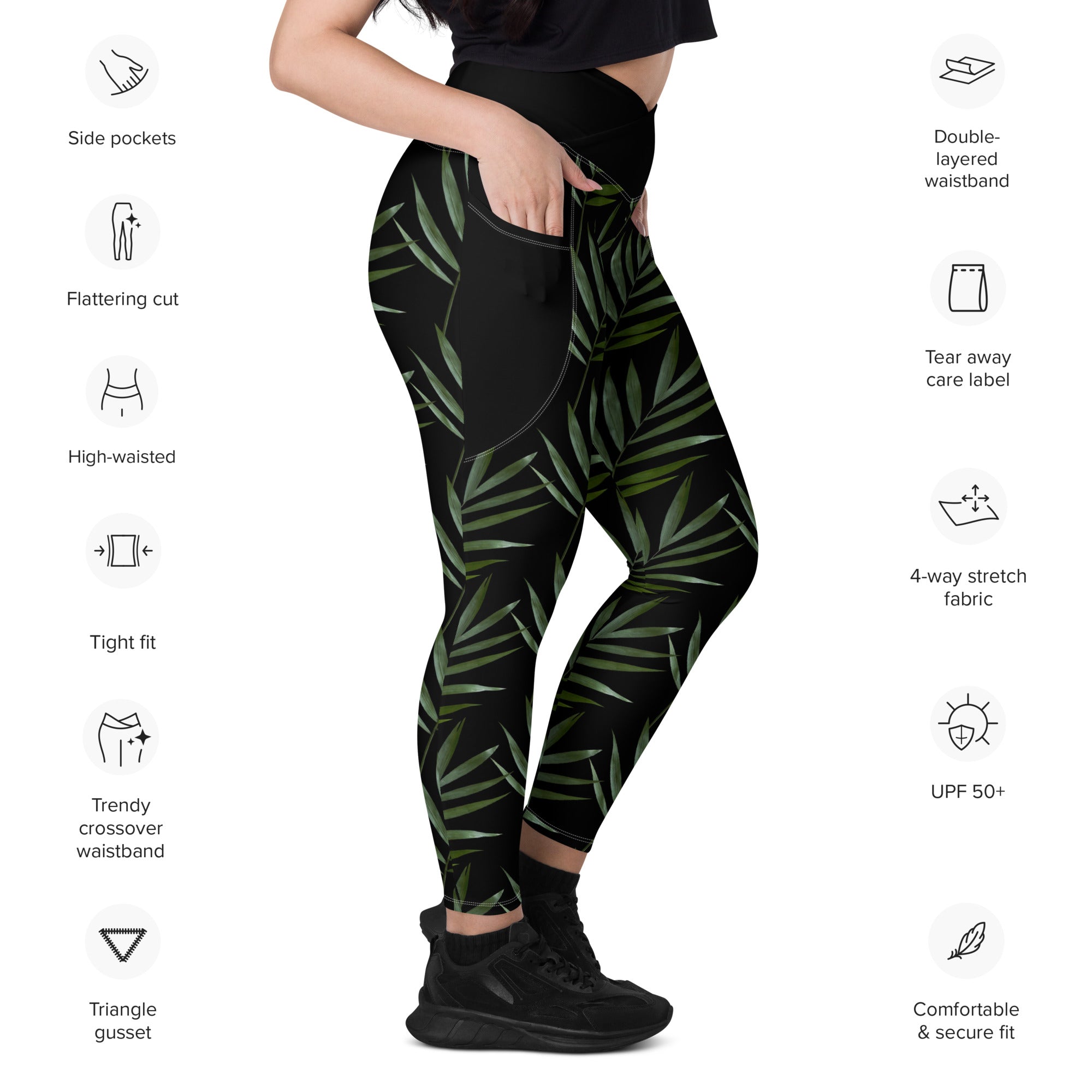 Vineyard Vibes Palm Leaf Crossover leggings with pockets - Black