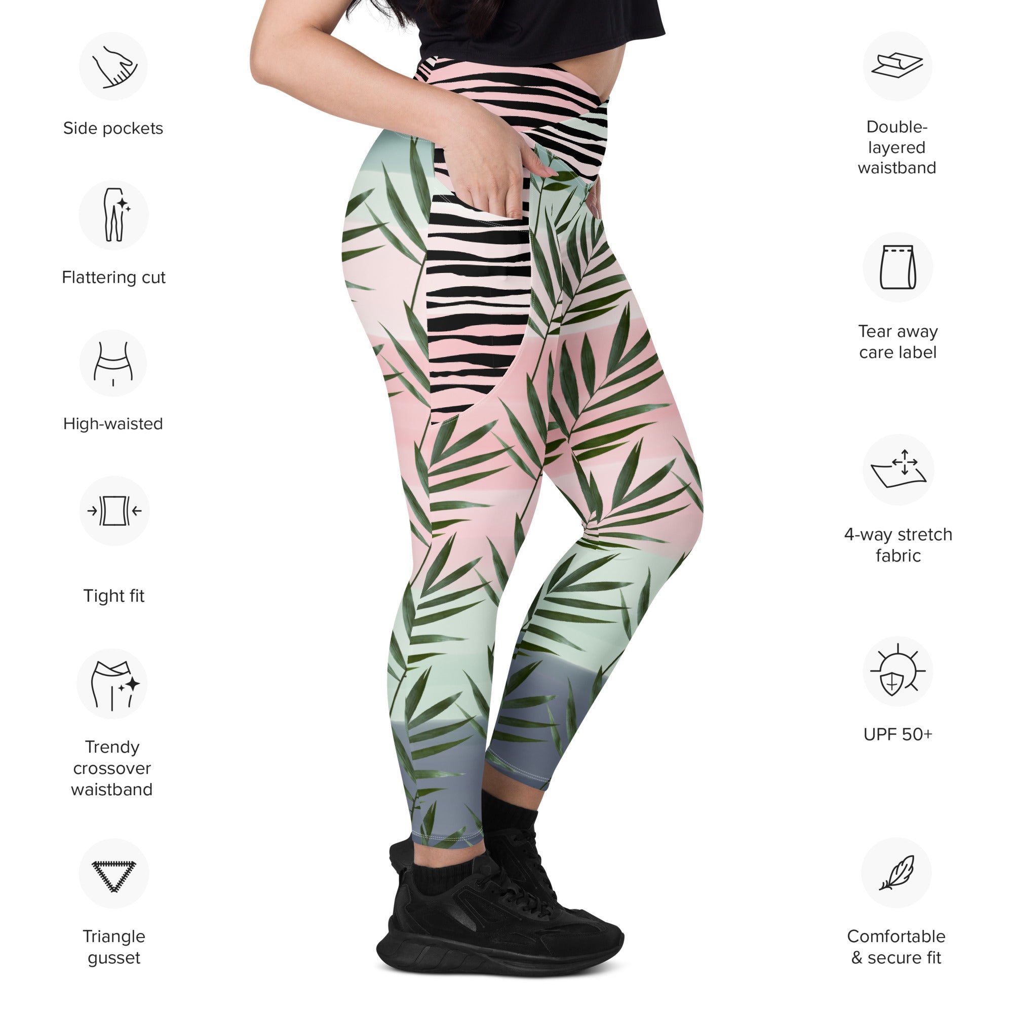 Vineyard Vibes Palm Leaf Crossover leggings with pockets - Zebra Stripe Pink, Green, & Gray