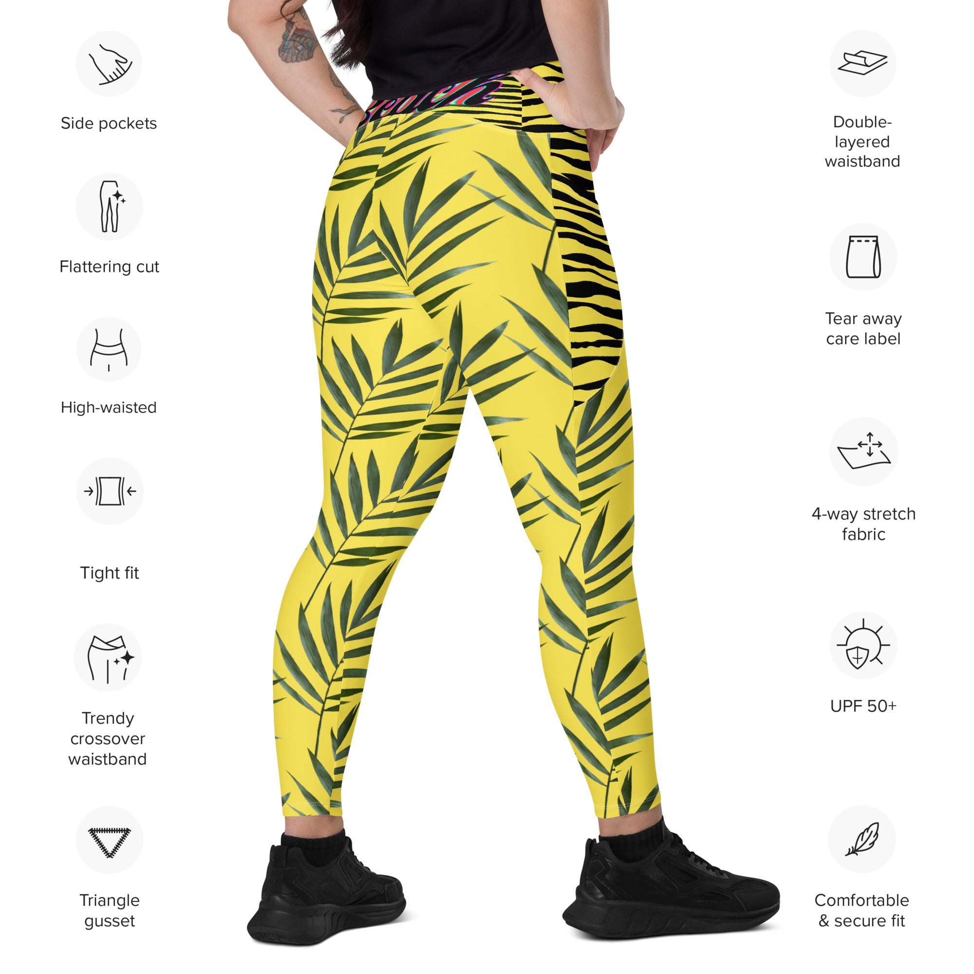 Vineyard Vibes Palm Leaf Crossover leggings with pockets - Paris Daisy