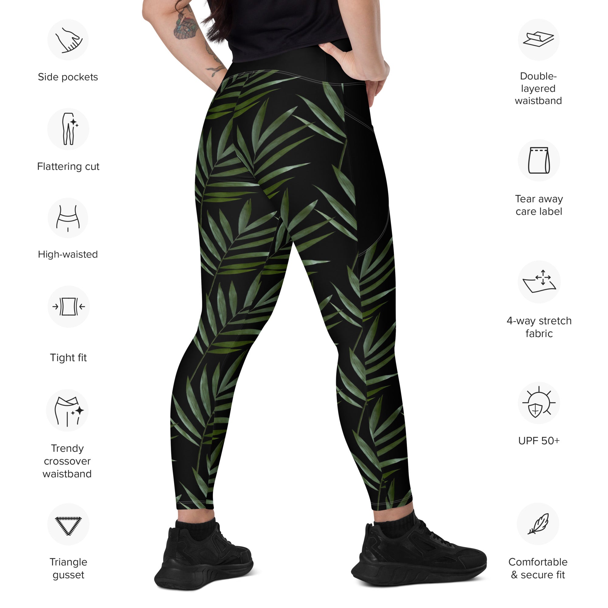 Vineyard Vibes Palm Leaf Crossover leggings with pockets - Black