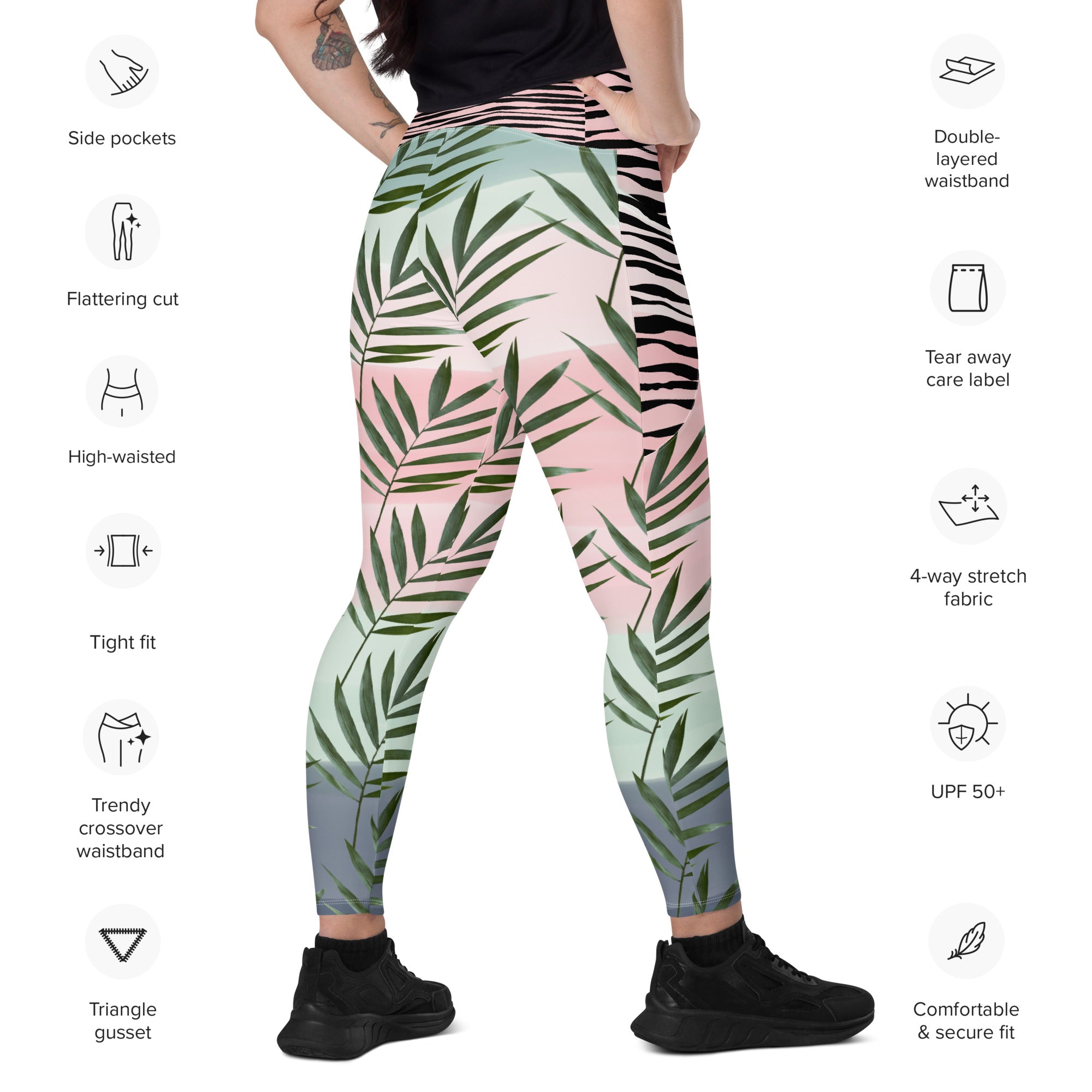 Vineyard Vibes Palm Leaf Crossover leggings with pockets - Zebra Stripe Pink, Green, & Gray