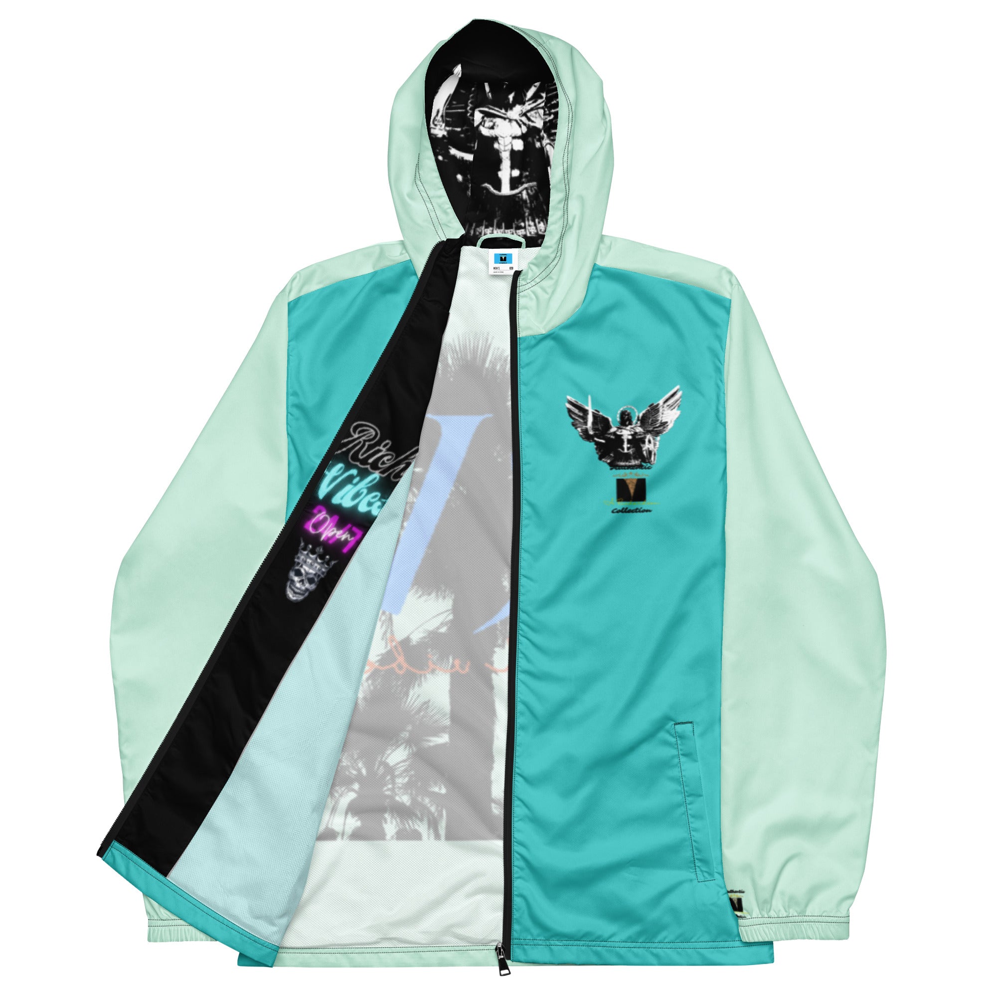 Rich Vibes RV Palm Tree Turquoise Humming Bird Archangel Signature Collection - Men’s windbreaker