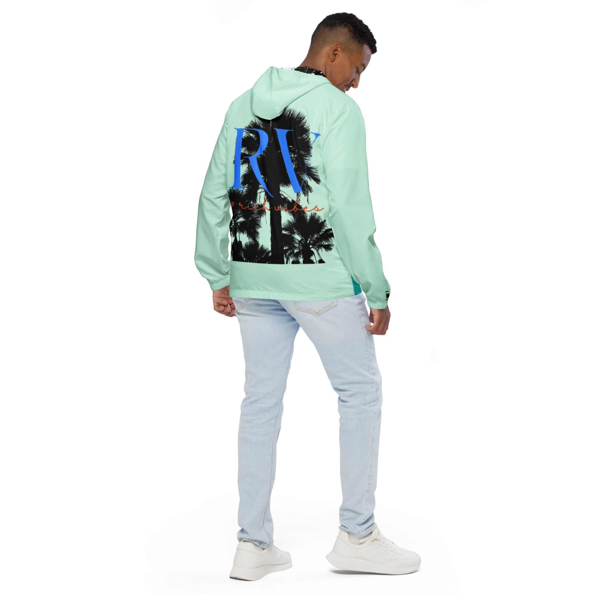 Rich Vibes RV Palm Tree Turquoise Humming Bird Archangel Signature Collection - Men’s windbreaker