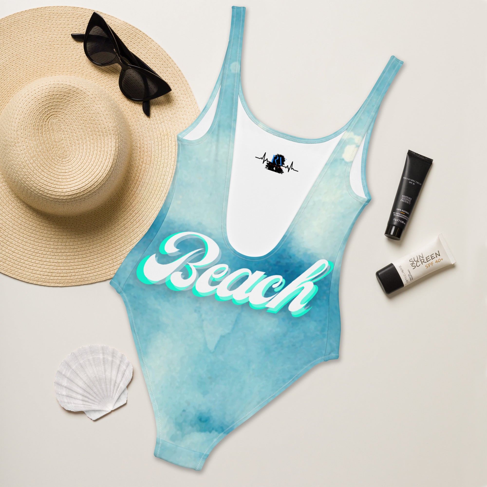 Rich Vibes RV Palm Tree Pulse Aqua Blue Beach - One-Piece Swimsuit