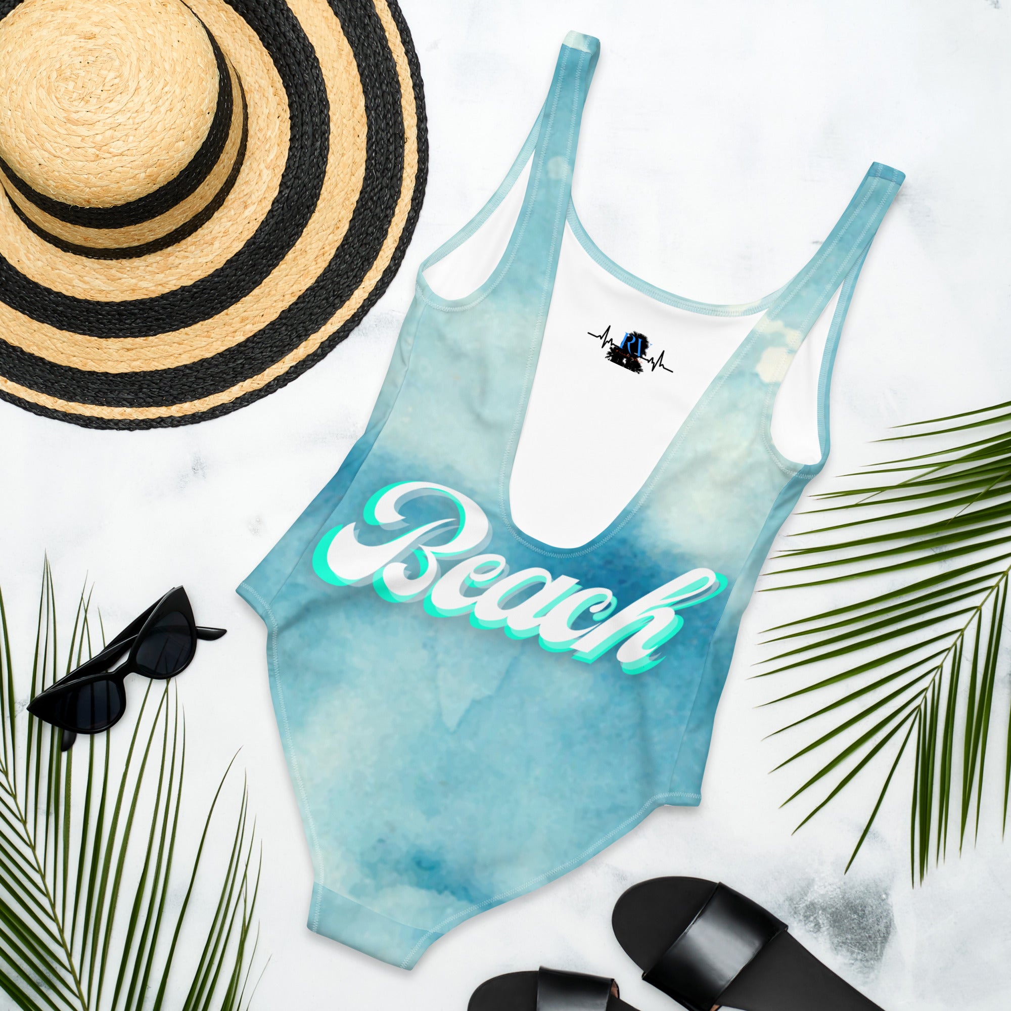 Rich Vibes RV Palm Tree Pulse Aqua Blue Beach - One-Piece Swimsuit
