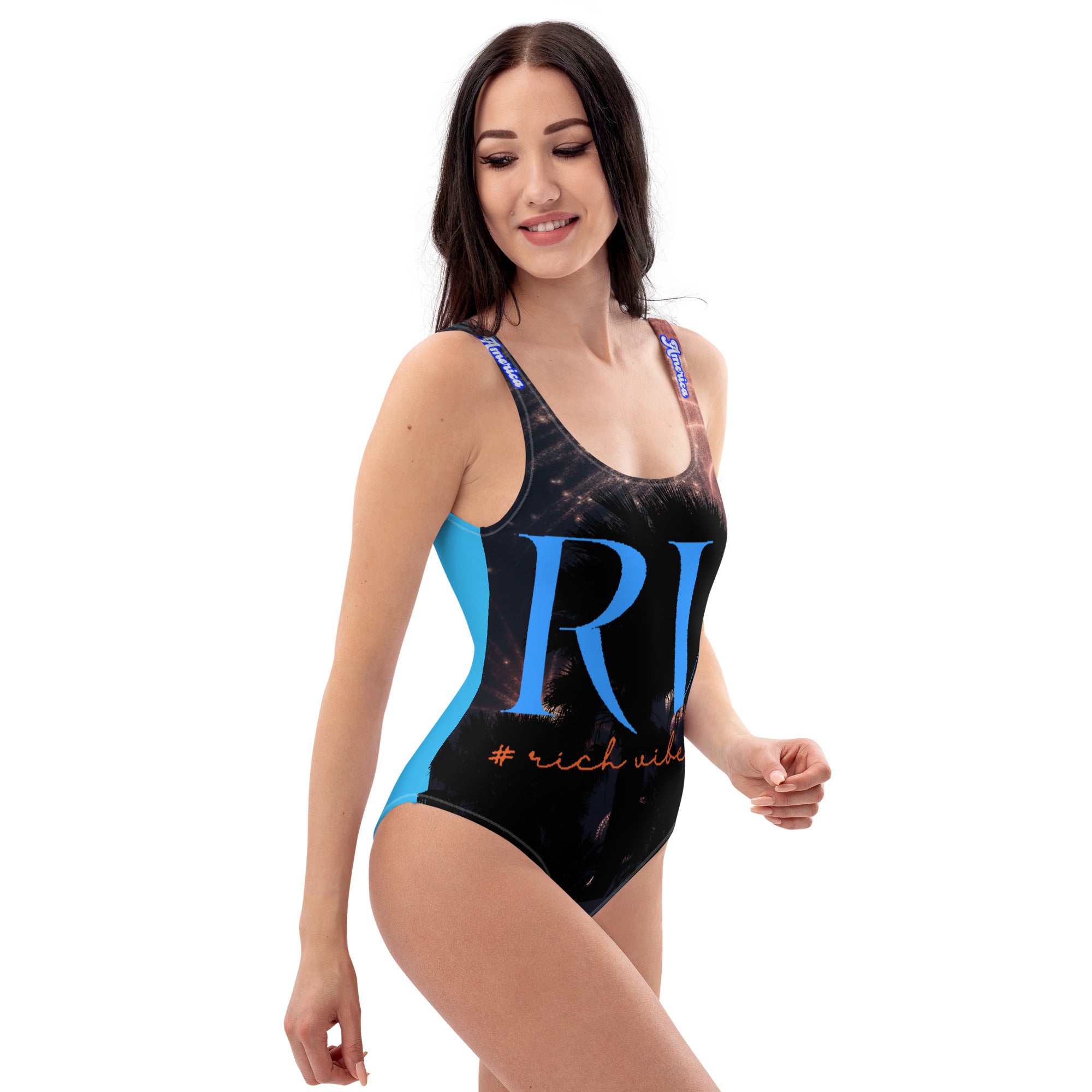 Rich Vibes Heart Beat Made In America Back 1.0 Deep Sky Blue - One-Piece Swimsuit