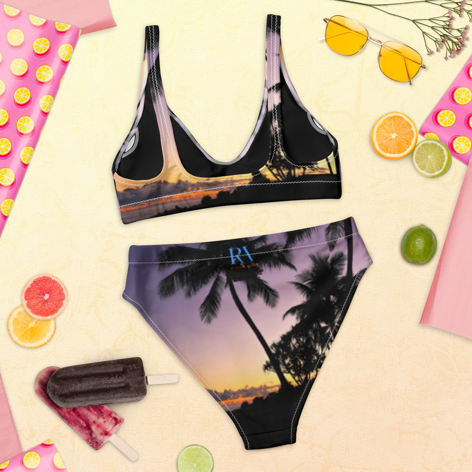 Rich Vibes Oahu Hawaii Sunset Black - Recycled High-Waisted Bikini