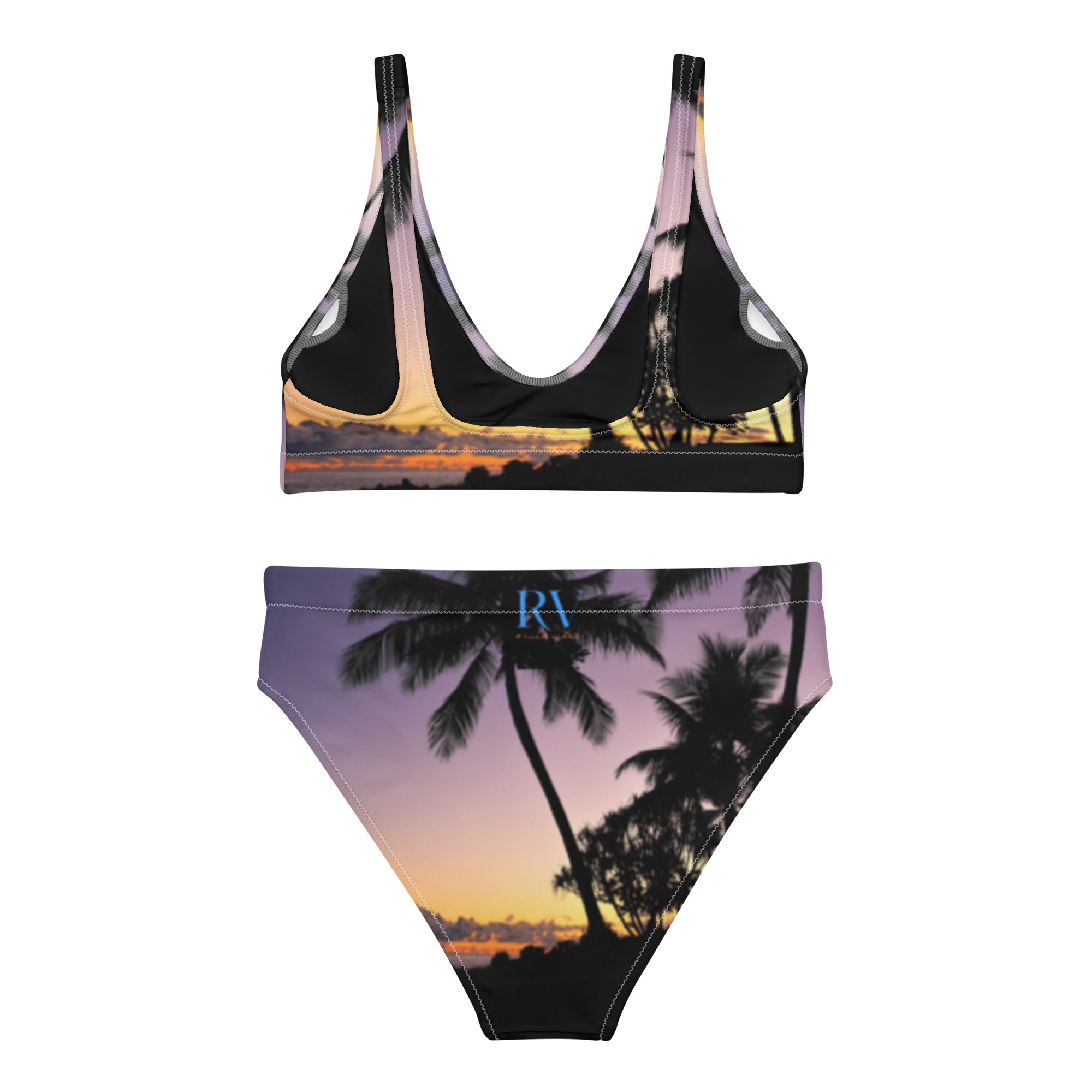 Rich Vibes Oahu Hawaii Sunset Black - Recycled High-Waisted Bikini