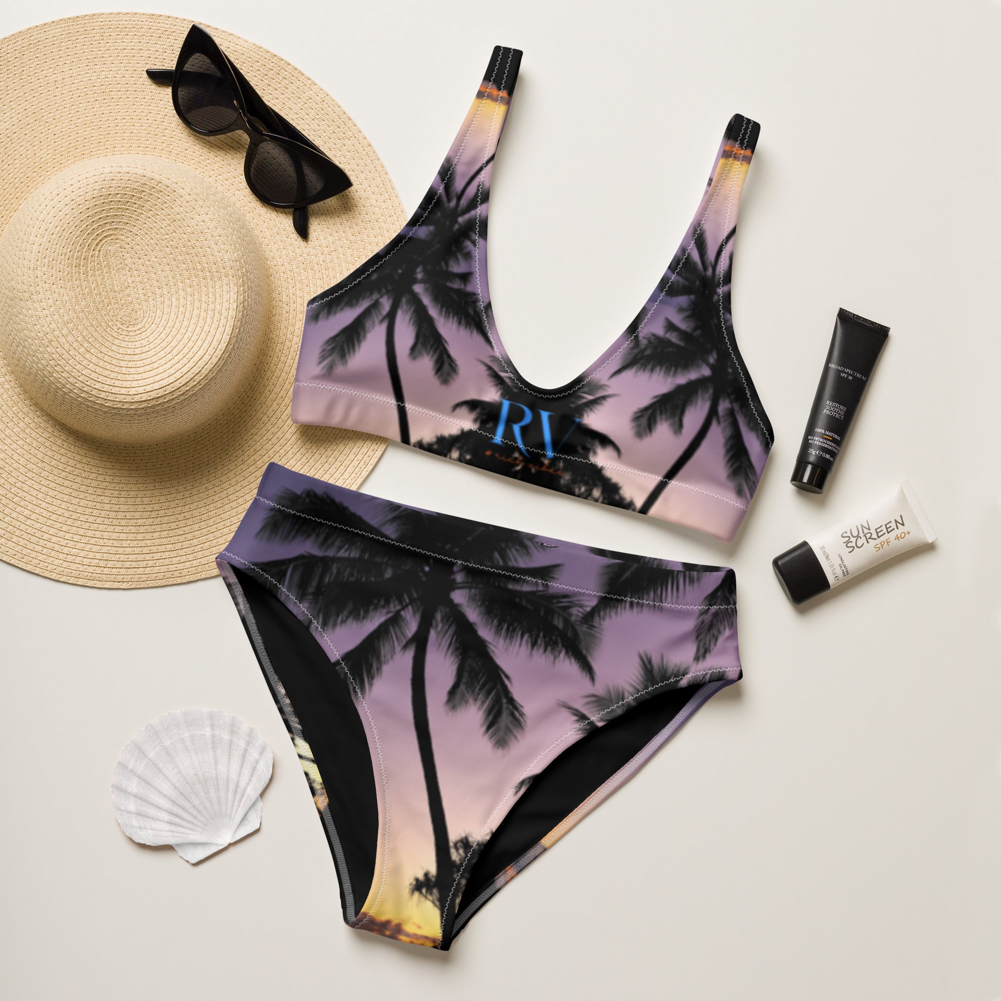 Rich Vibes Oahu Hawaii Sunset Black - Recycled High-Waisted Bikini