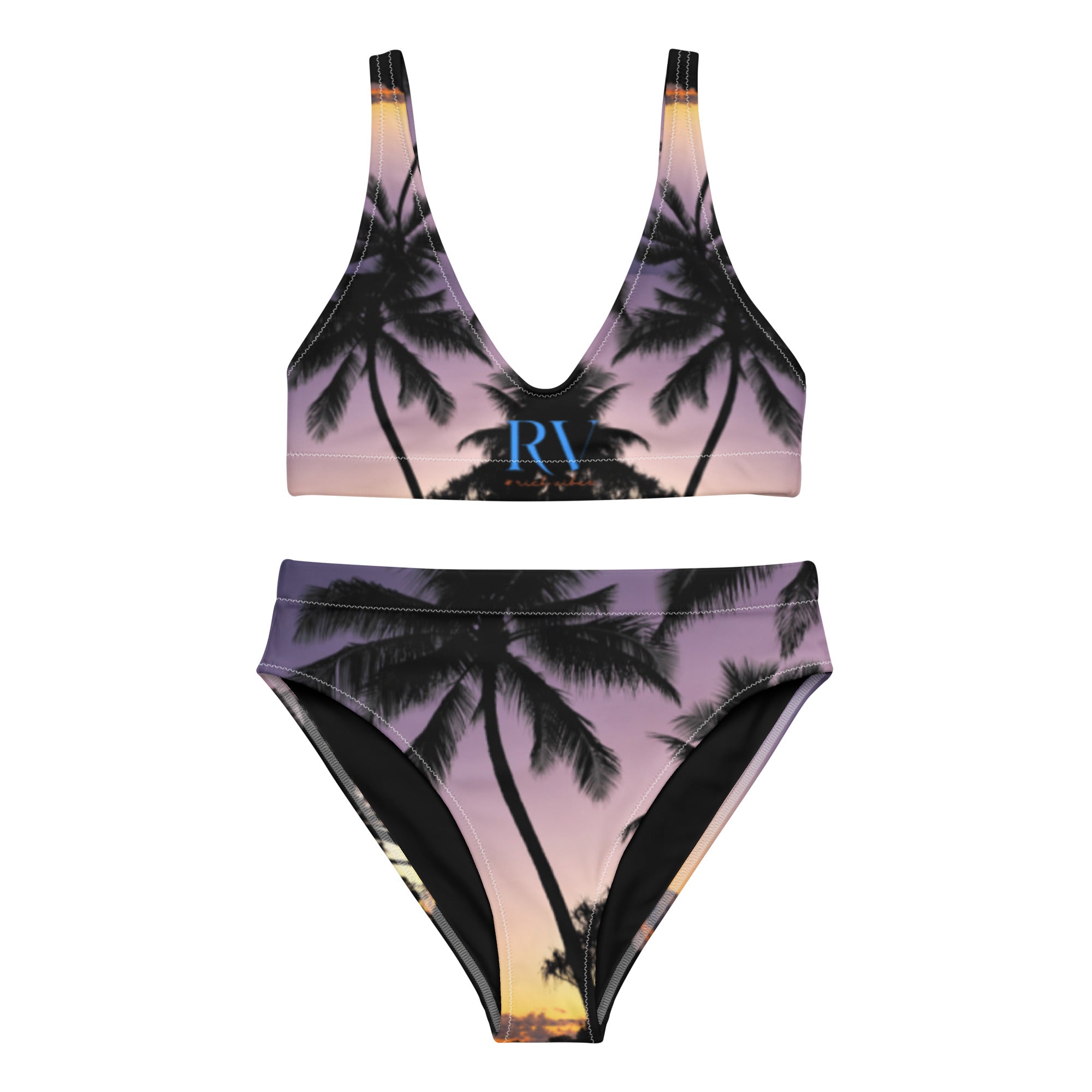 Rich Vibes Oahu Hawaii Sunset Black - Recycled High-Waisted Bikini