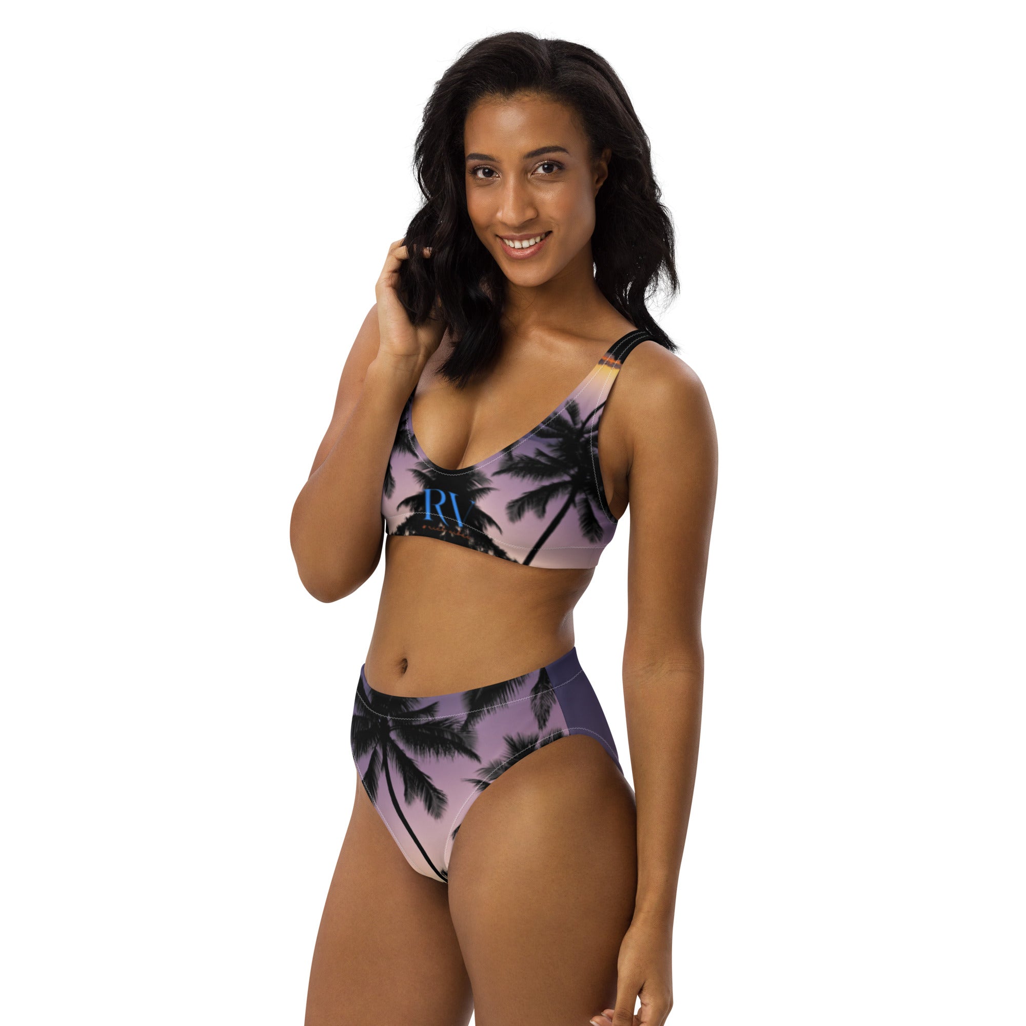 Rich Vibes Oahu Hawaii Sunset Black - Recycled High-Waisted Bikini