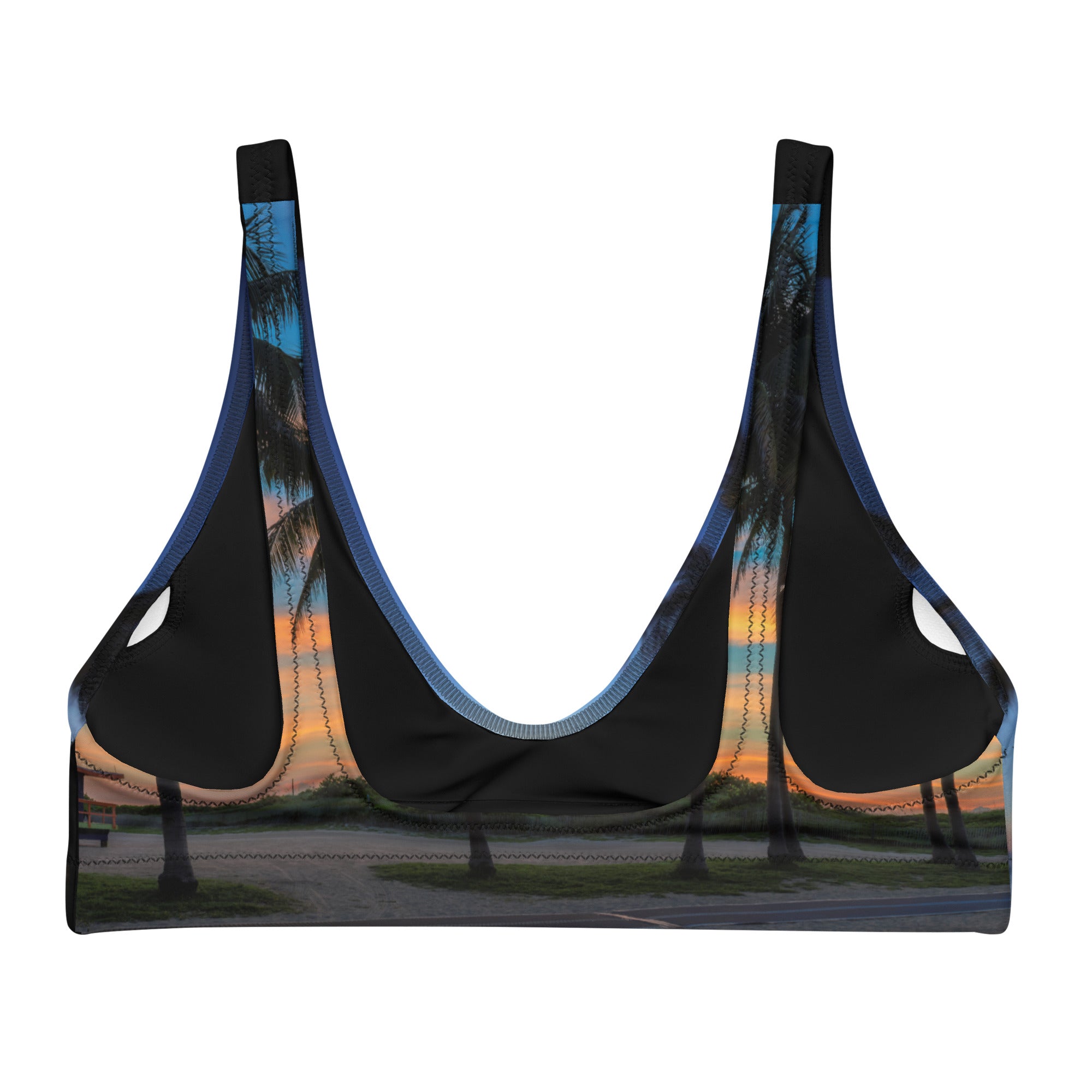 Rich Vibes South Beach Palm Tree Sunset Black - Recycled padded bikini top