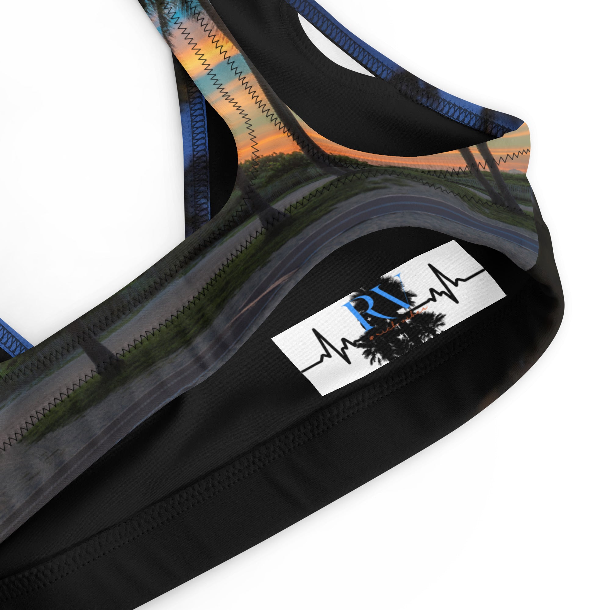 Rich Vibes South Beach Palm Tree Sunset Black - Recycled padded bikini top