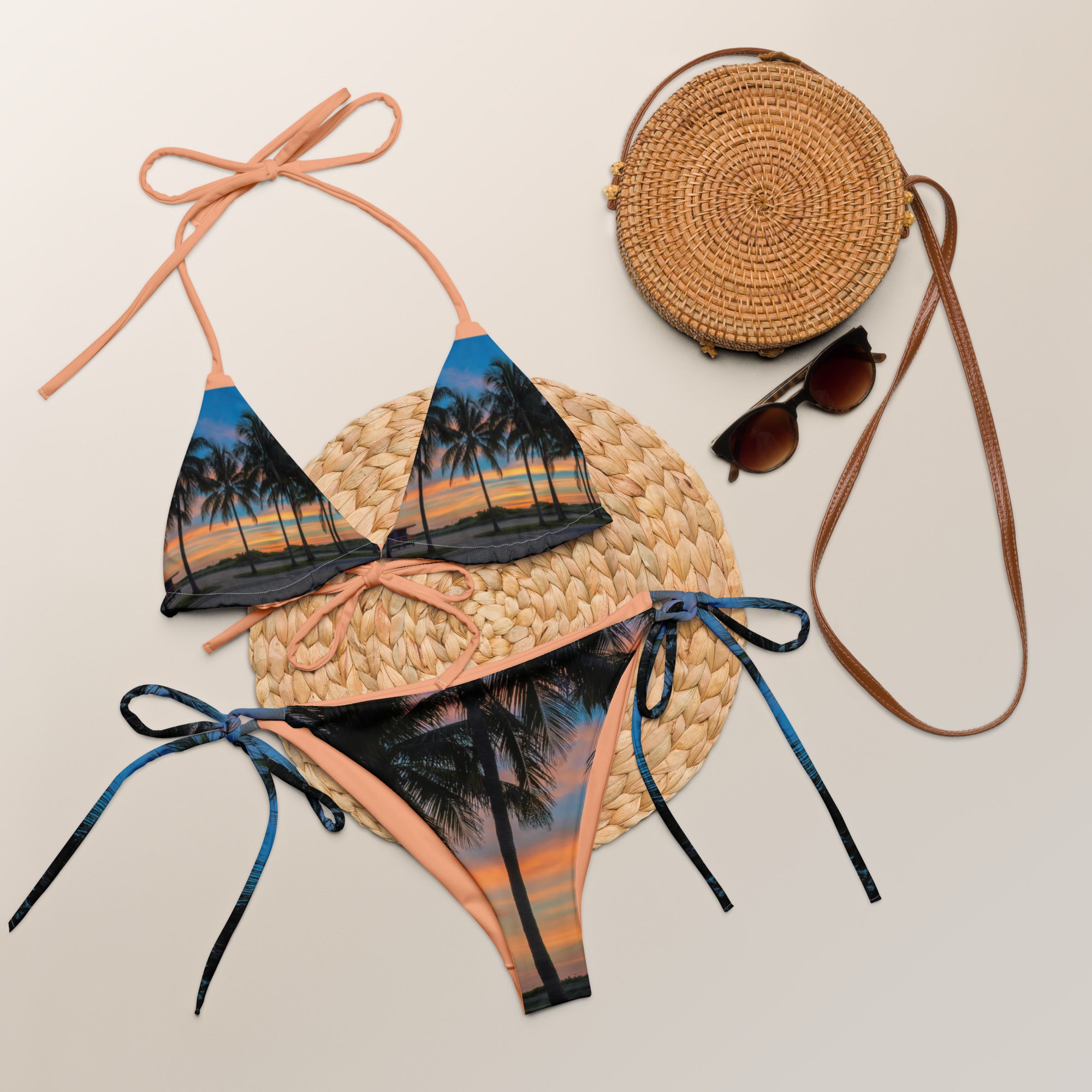 Rich Vibes South Beach Miami Palm Tree Sunset Peach - All-over print recycled string bikini