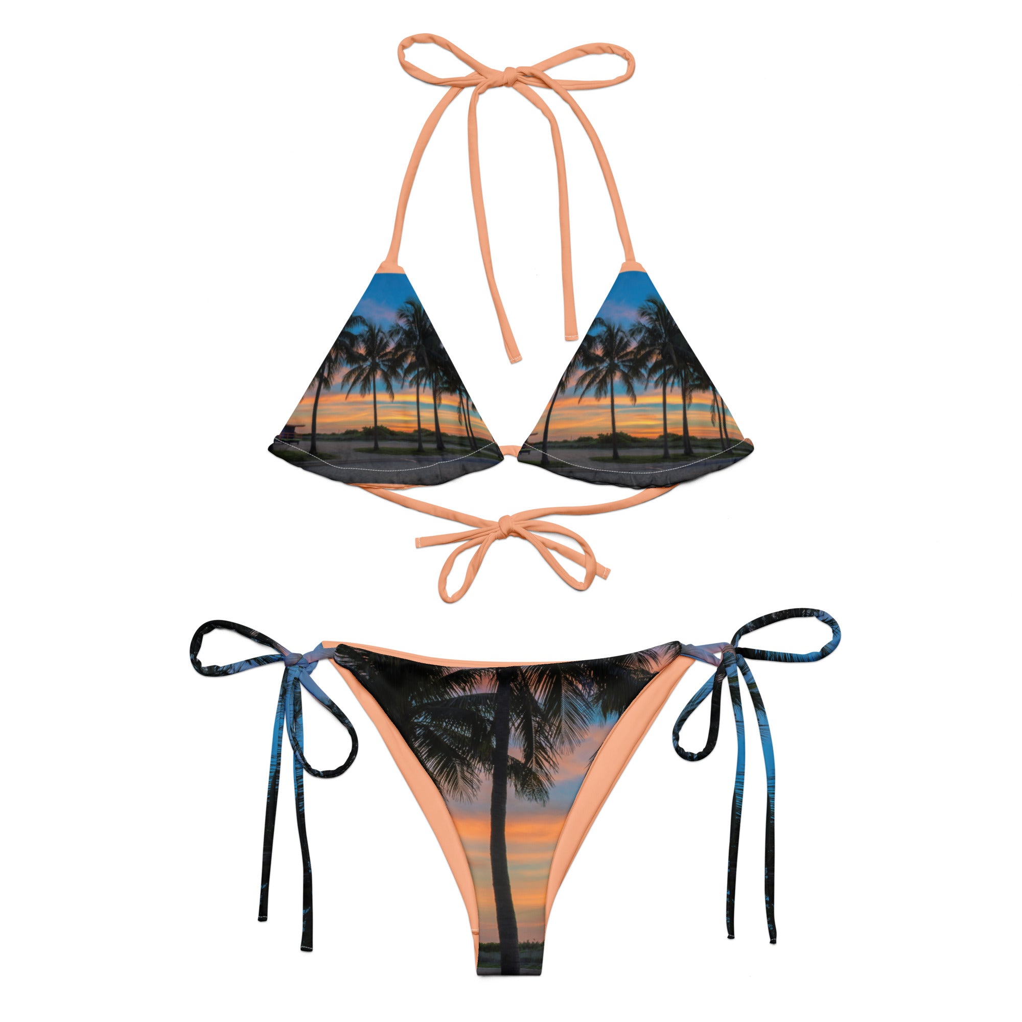 Rich Vibes South Beach Miami Palm Tree Sunset Peach - All-over print recycled string bikini