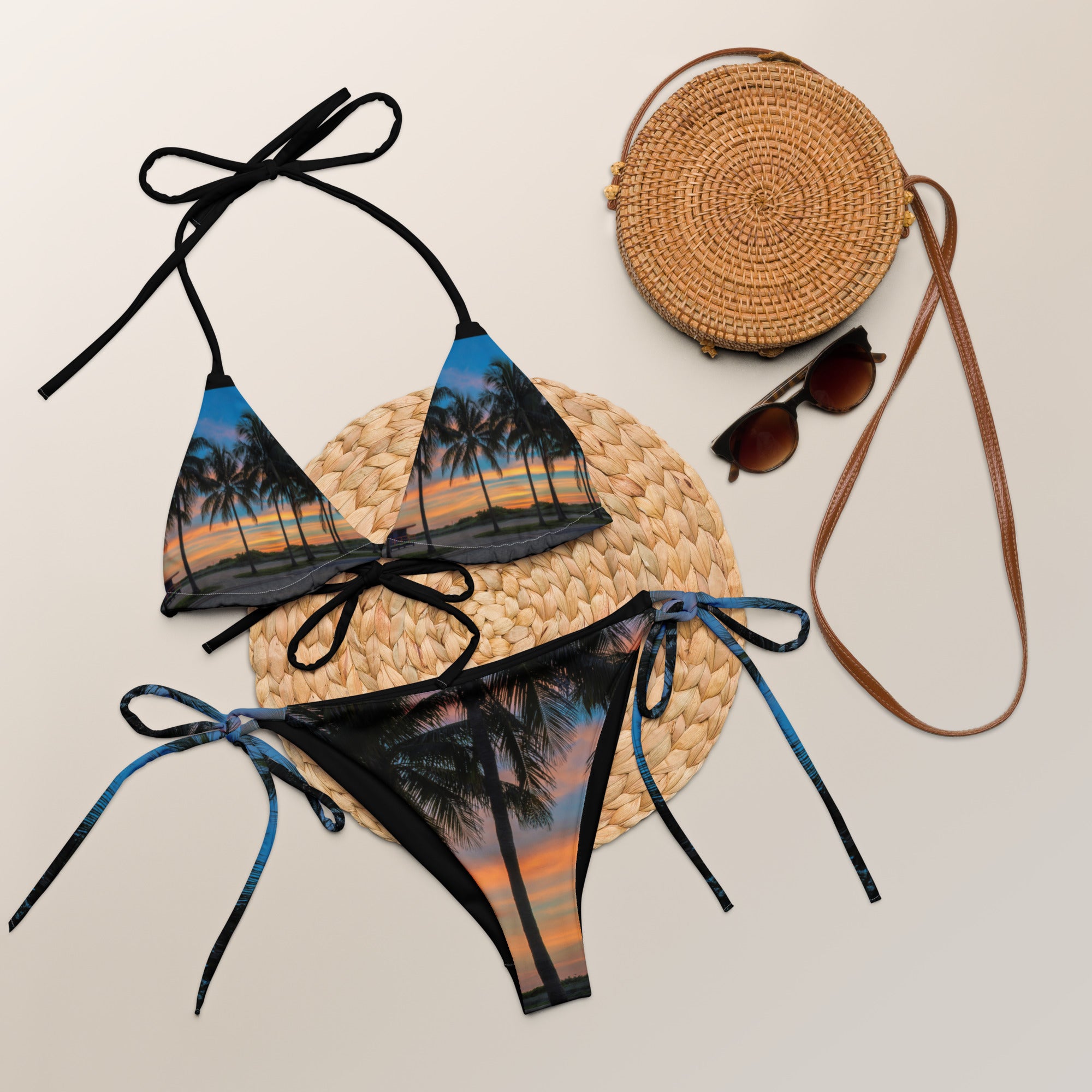 Rich Vibes South Beach Miami Palm Tree Sunset Black - All-over print recycled string bikini