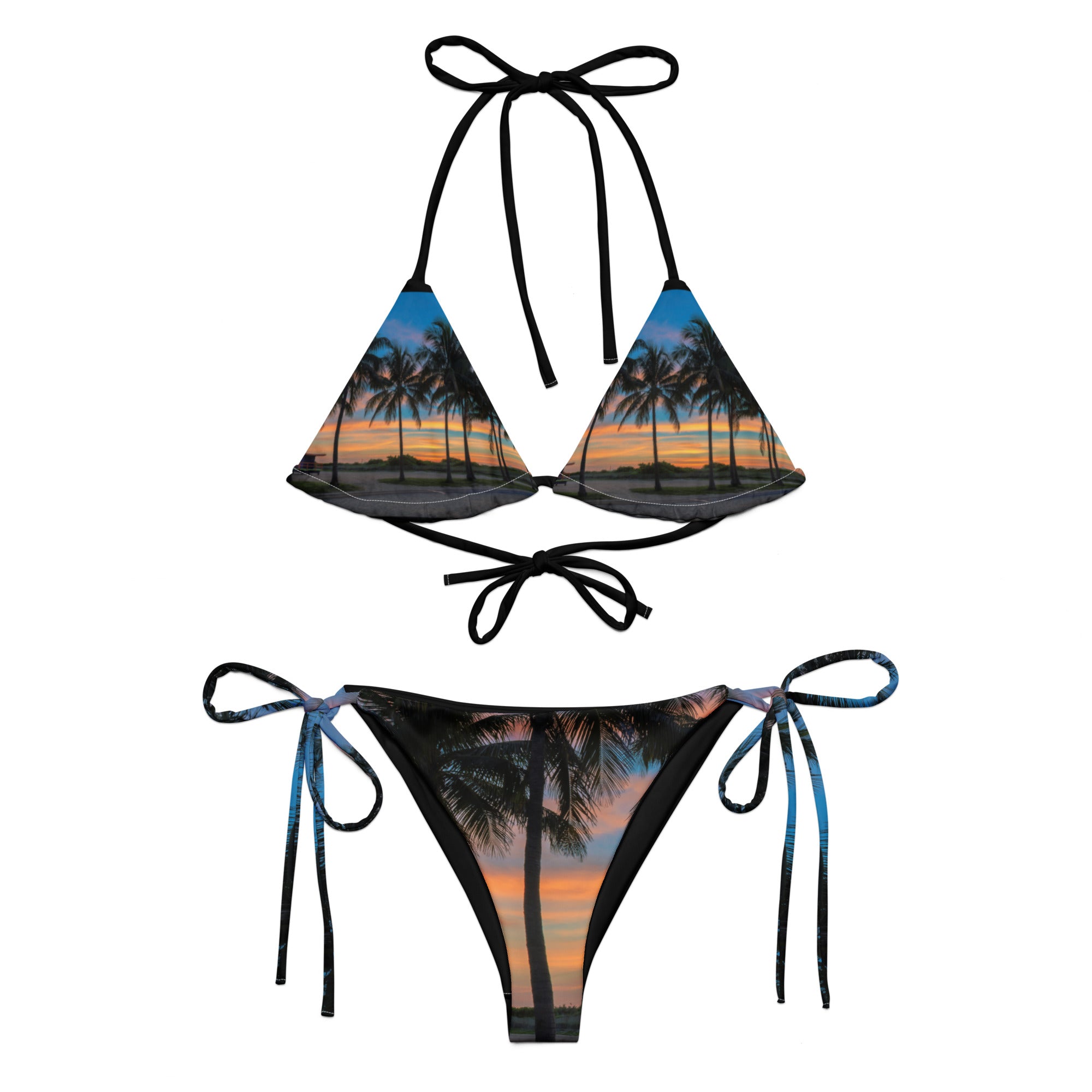 Rich Vibes South Beach Miami Palm Tree Sunset Black - All-over print recycled string bikini