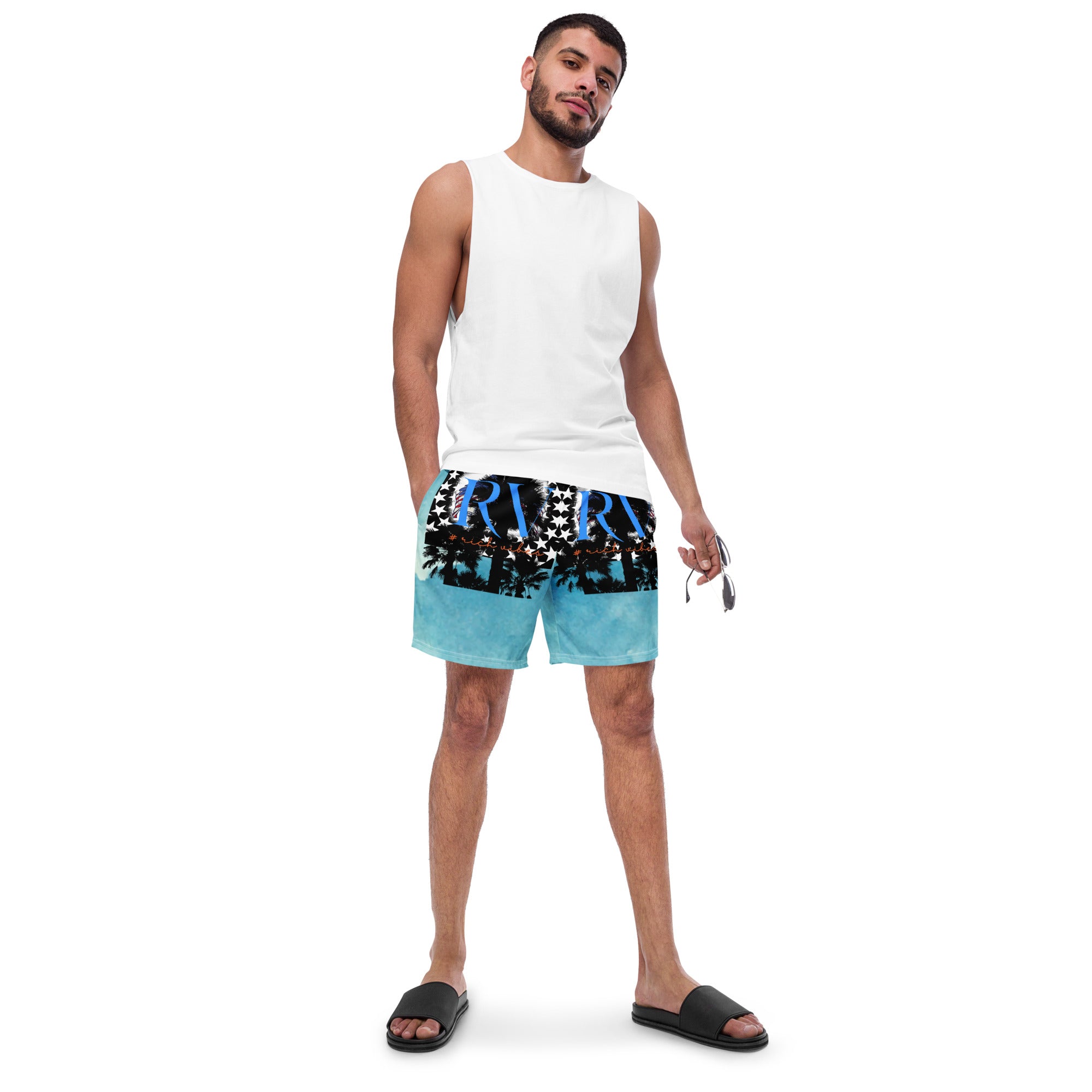 Rich Vibes Double RV Stars Blue Ice Water - All-Over Print Recycled Swim Trunks