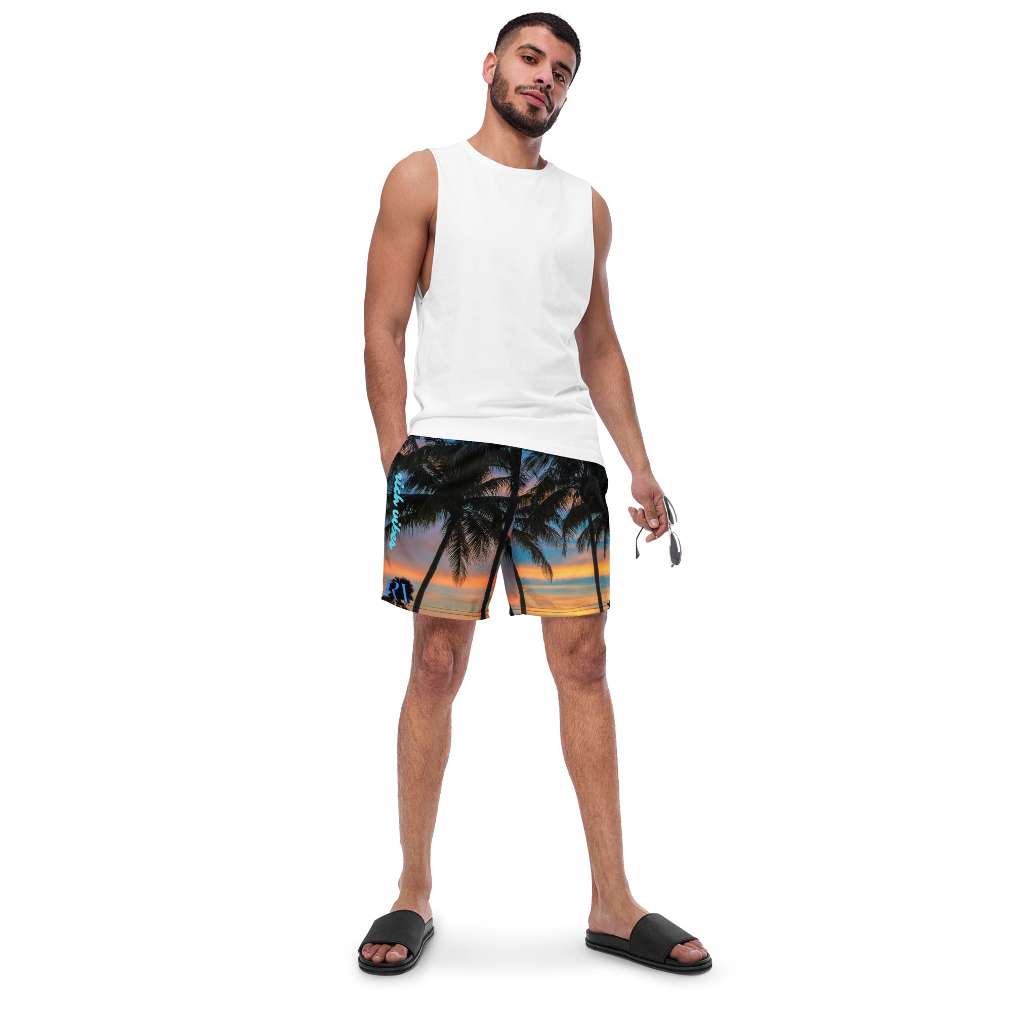 Rich Vibes Palm Tree Silhouette - All-Over Print Recycled Swim Trunks