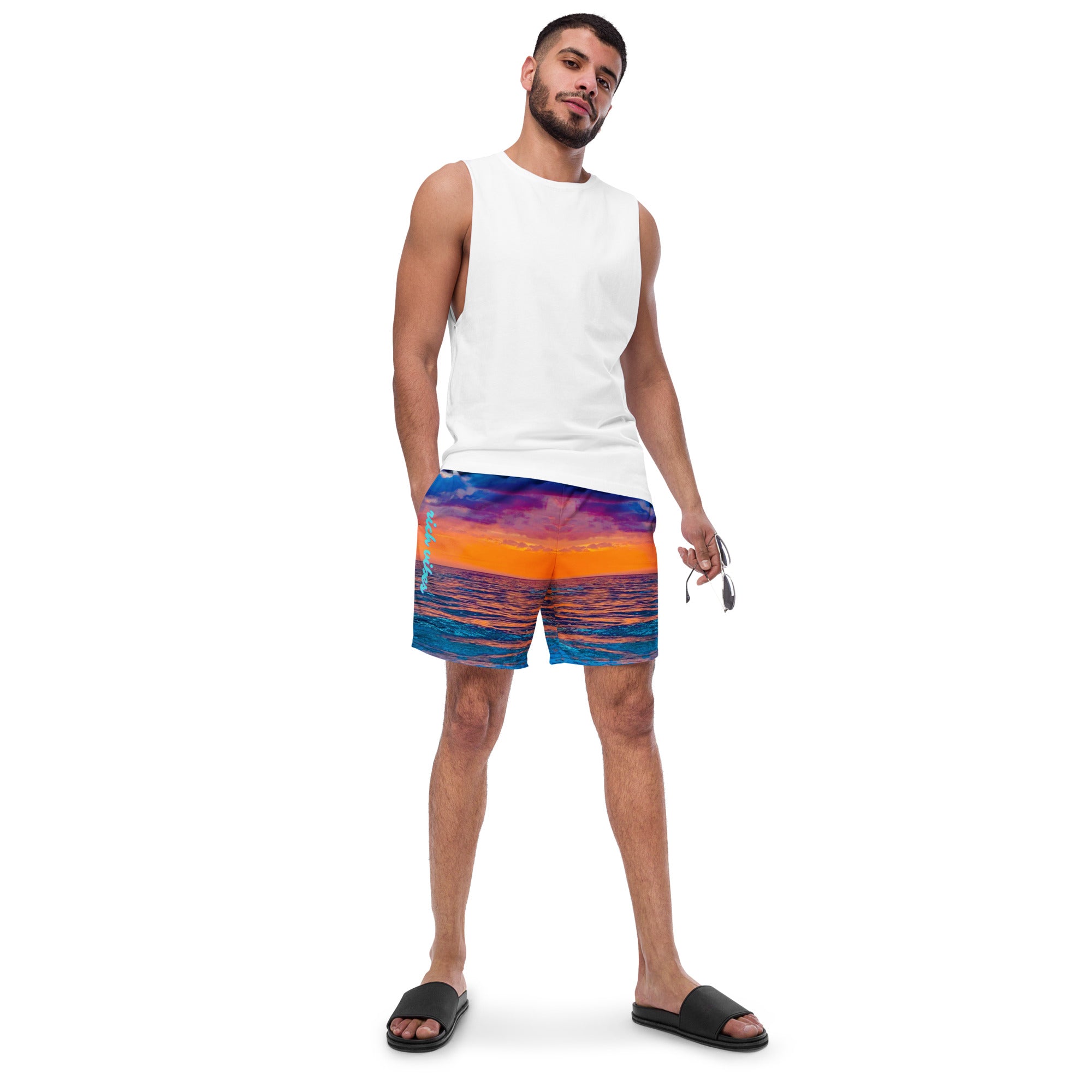 Rich Vibes Golden Blue Sunset - All-Over Print Recycled Swim Trunks