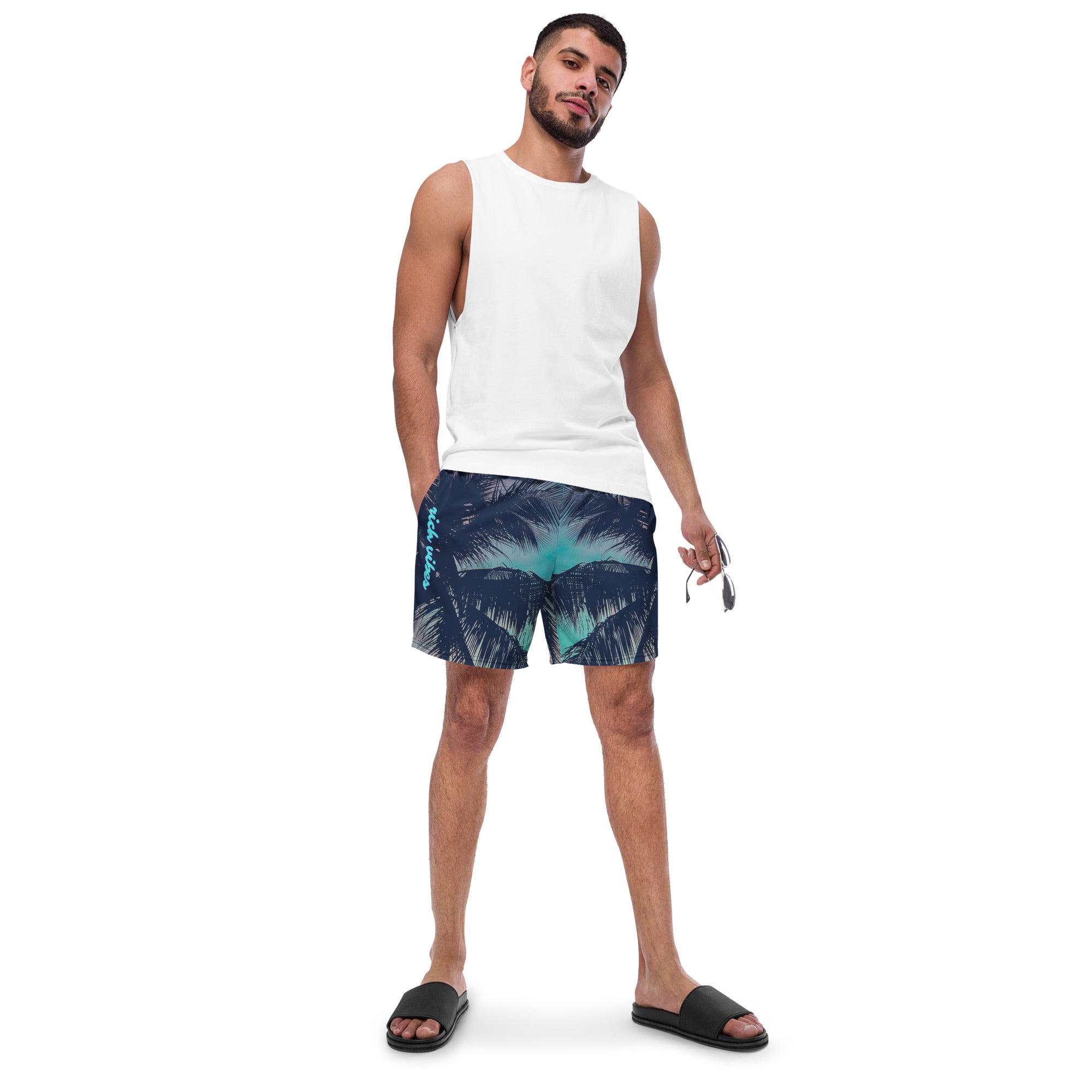 Rich Vibes Teal Blue Sunset - All-Over Print Recycled Swim Trunks