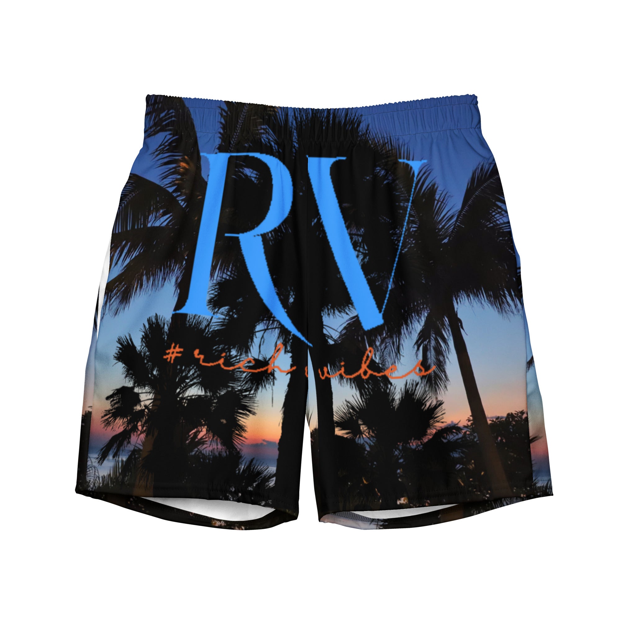 Rich Vibes RV Palm Tree Sunset - All-Over Print Recycled Swim Trunks