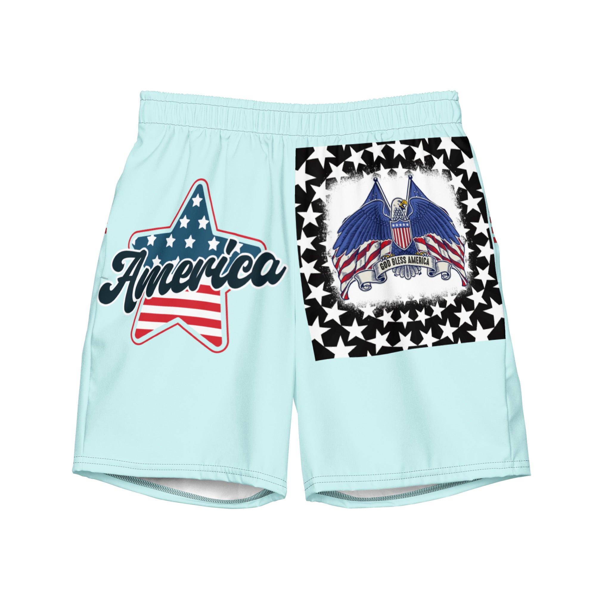 RV God Bless America American Eagle Corp Wings Light Cyan - All-Over Print Recycled Swim Trunks