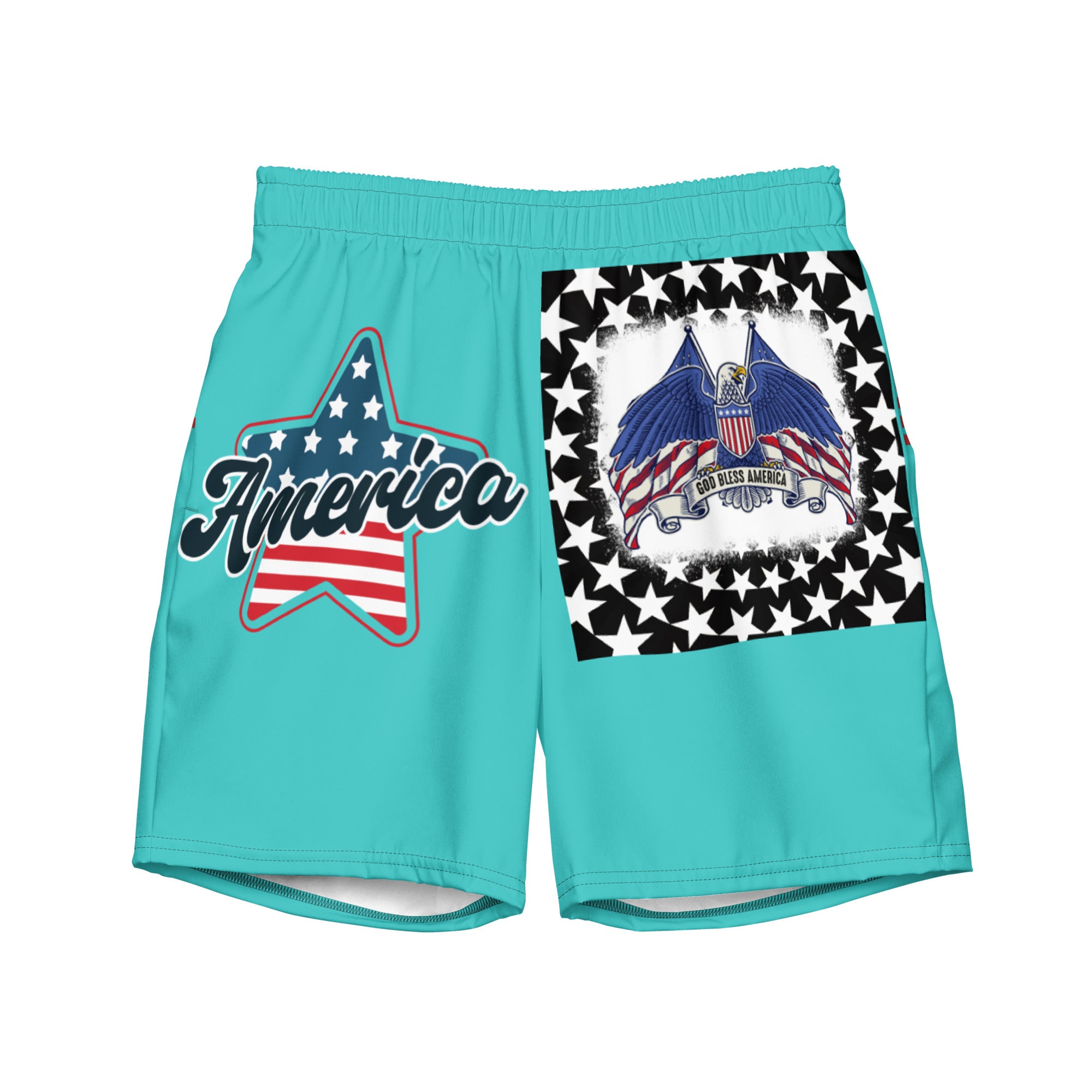 RV God Bless America American Eagle Corp Wings Turquoise - All-Over Print Recycled Swim Trunks