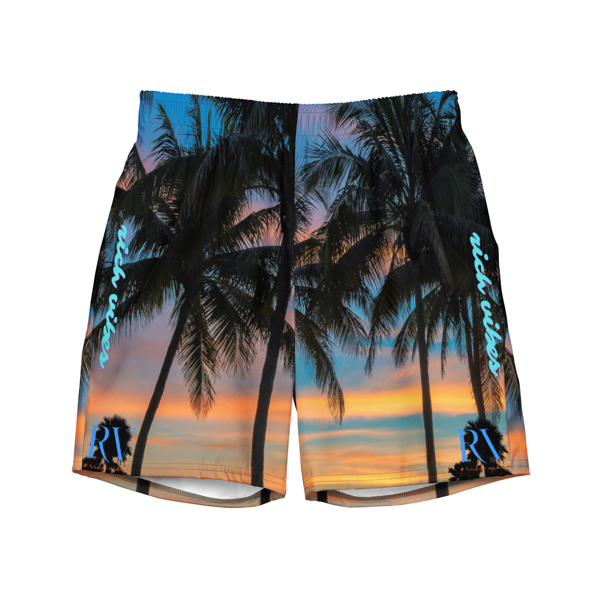 Rich Vibes Palm Tree Silhouette - All-Over Print Recycled Swim Trunks