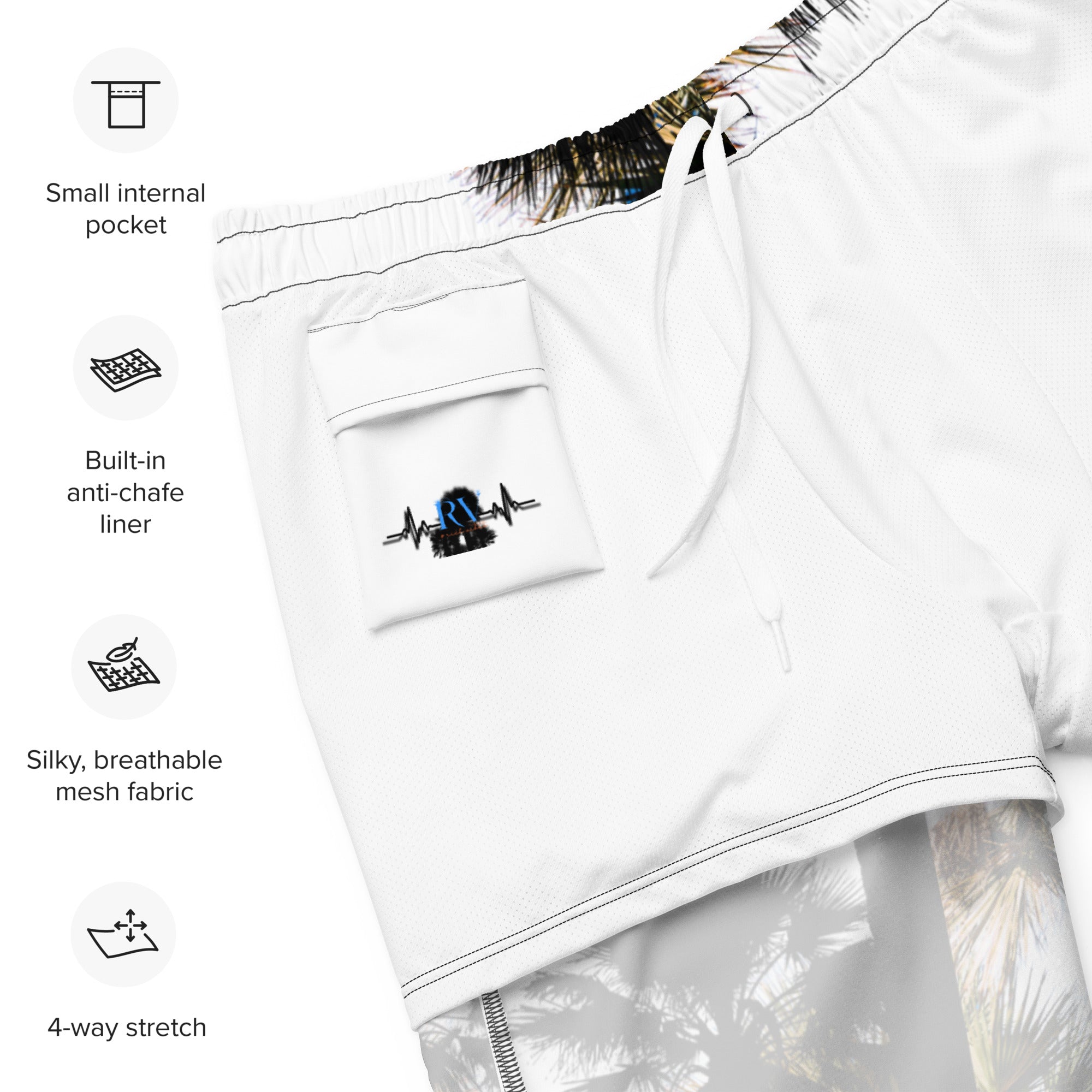 Rich Vibes RV Palm Tree Logo - All-Over Print Recycled Swim Trunks