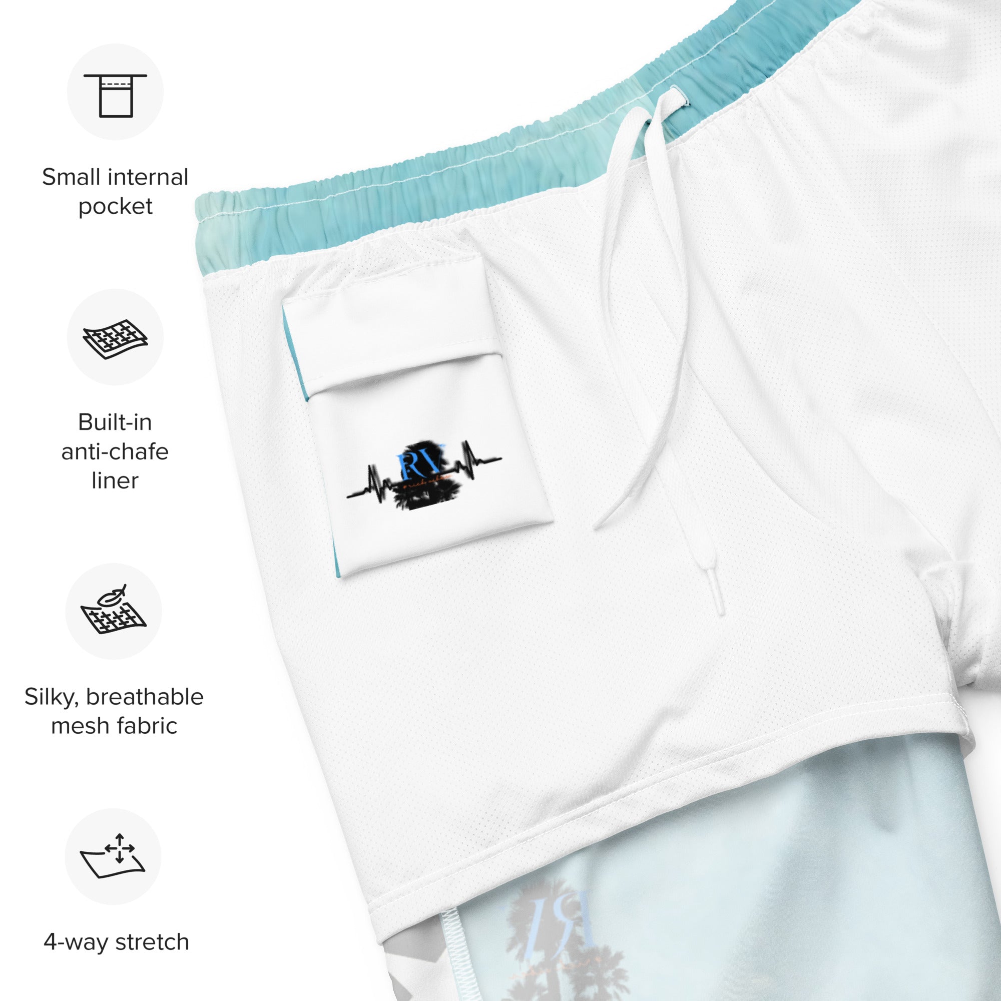 Rich Vibes RV Palm Tree Stars Blue Ice Water - All-Over Print Recycled Swim Trunks