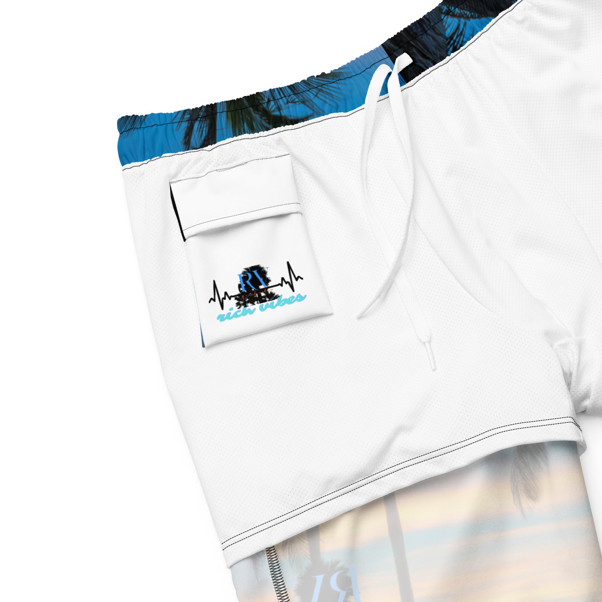 Rich Vibes Palm Tree Silhouette - All-Over Print Recycled Swim Trunks