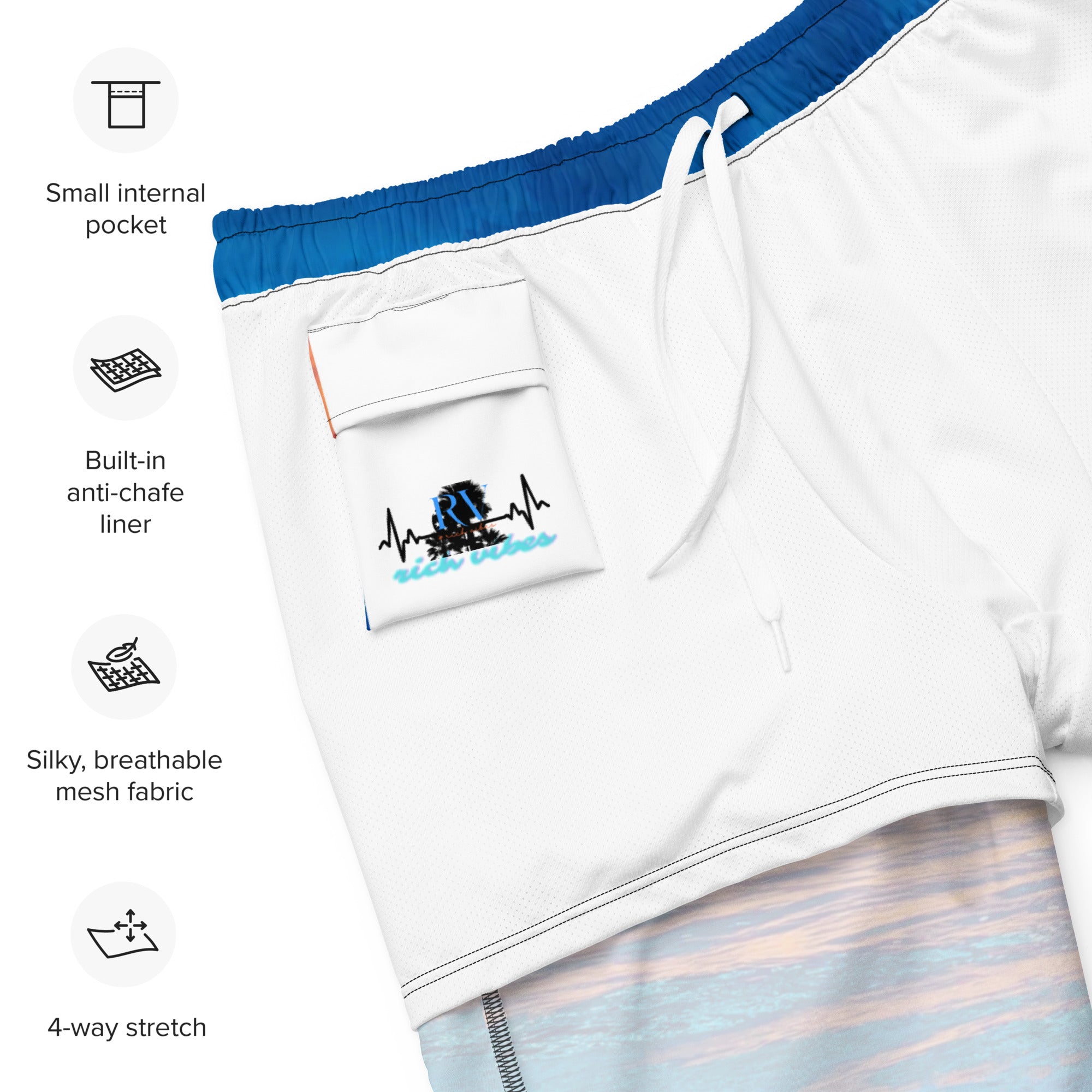 Rich Vibes Golden Blue Sunset - All-Over Print Recycled Swim Trunks